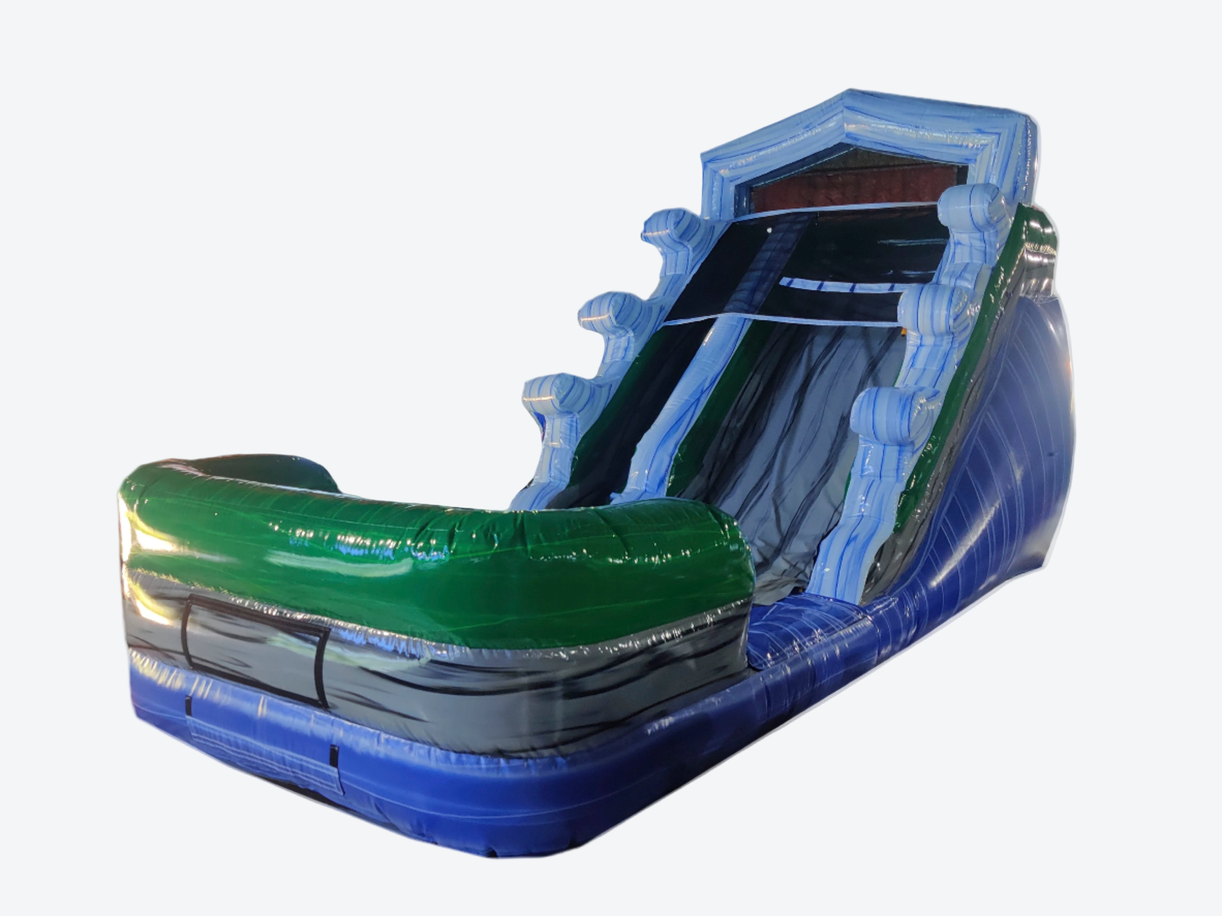 Inflatable water slide with green and blue design.