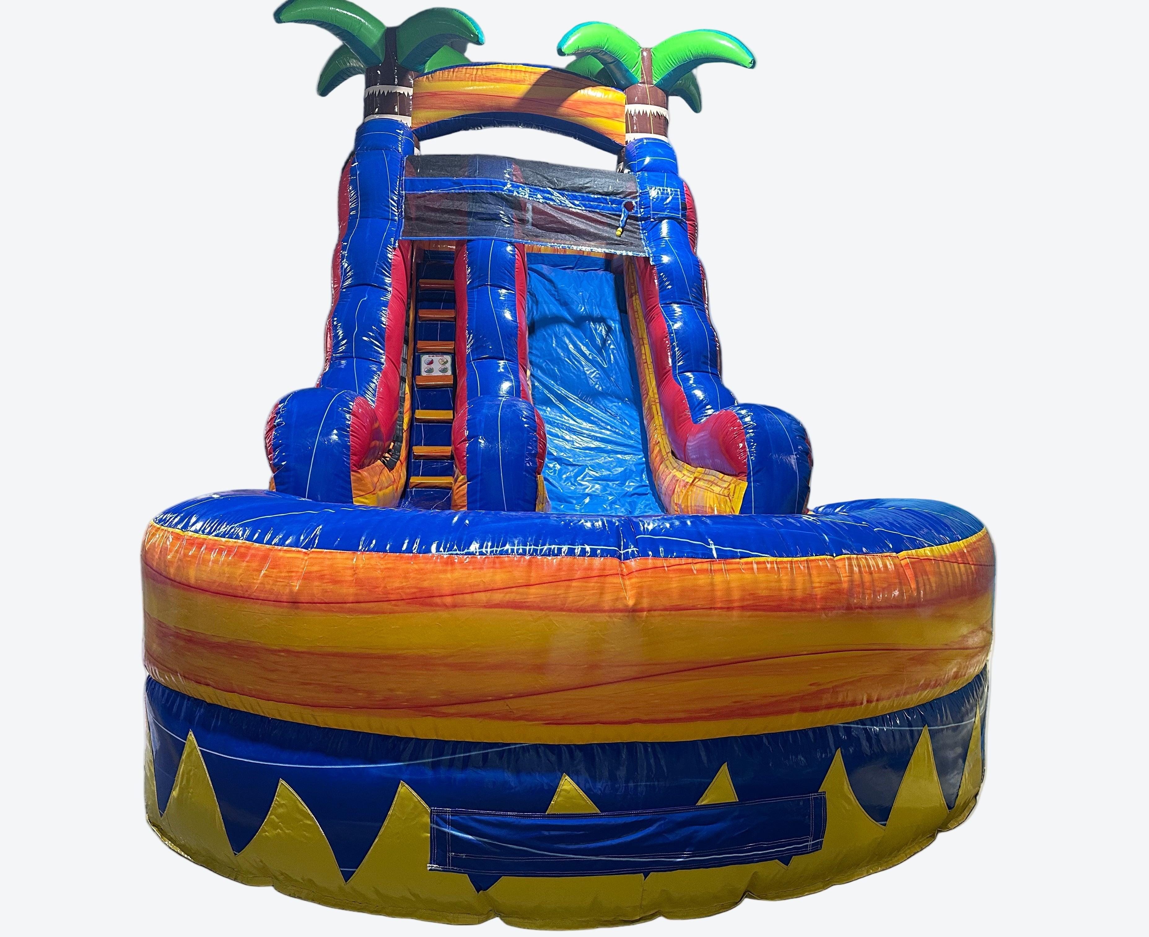 Red, Blue and Orange inflatable water slide with pool