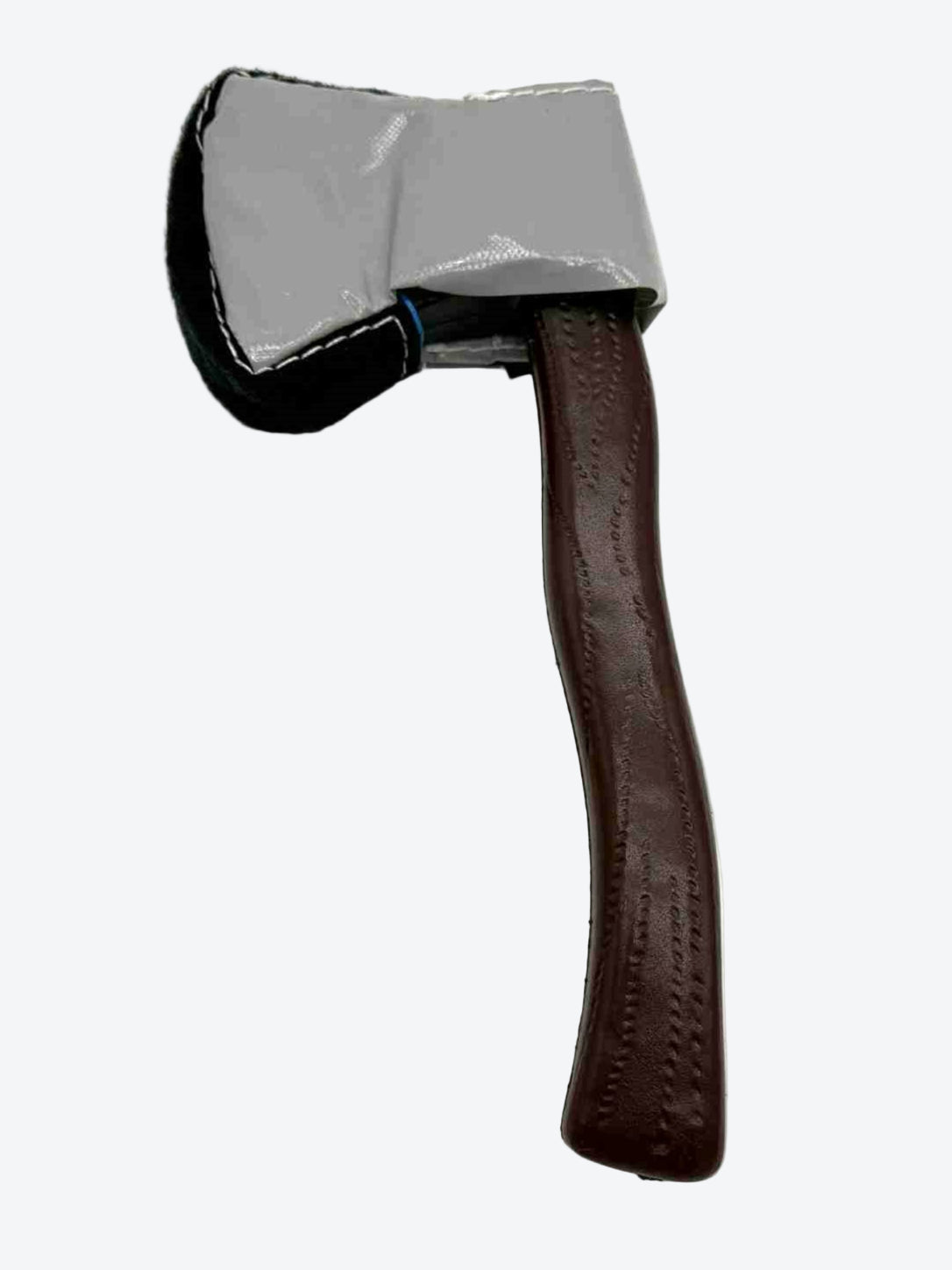 Toy axe with a wooden handle and metal head on a white background