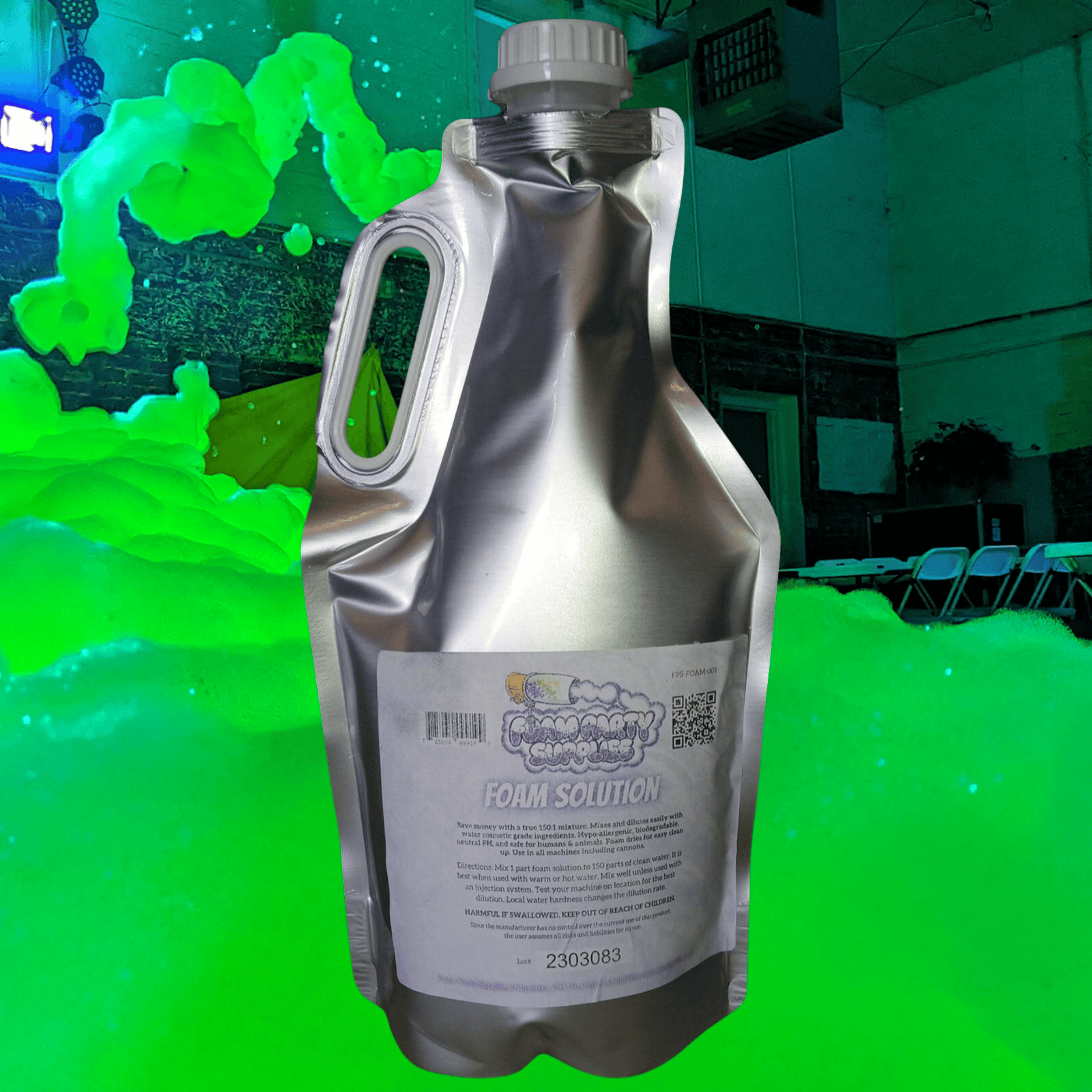 A soft container of UV glow party foam solution against a background of glowing green UV party foam.