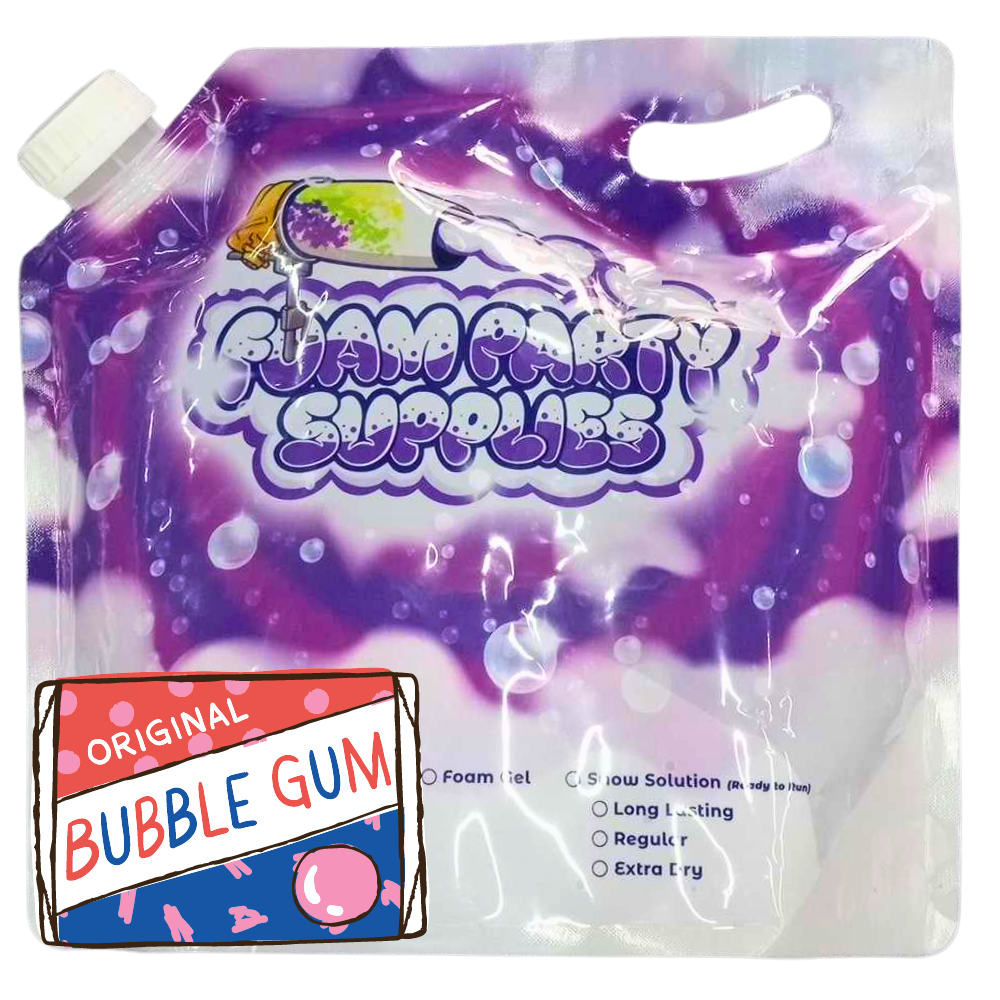 Packet of bubble gum-scented party foam machine gel solution