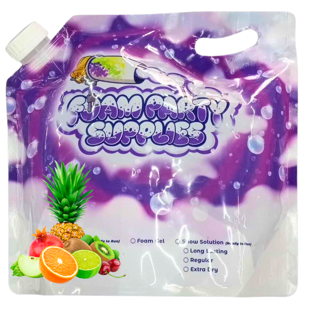 Packet of tropical fruit-scented party foam machine gel solution