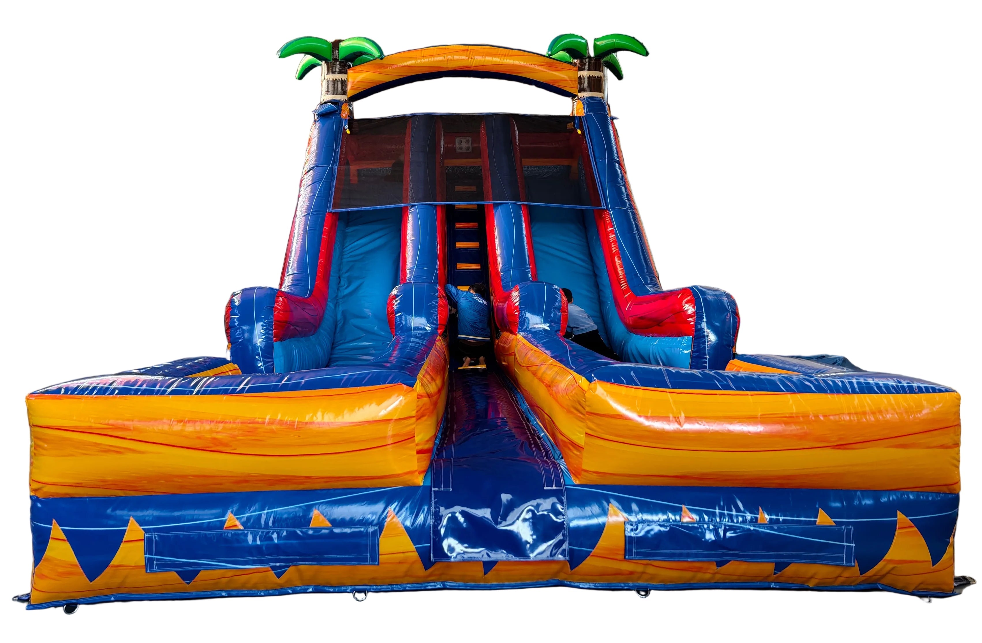 18 Double lane water slide-Dual Lane Tropical Dual Lane Water Slide – Blue/Orange/Red