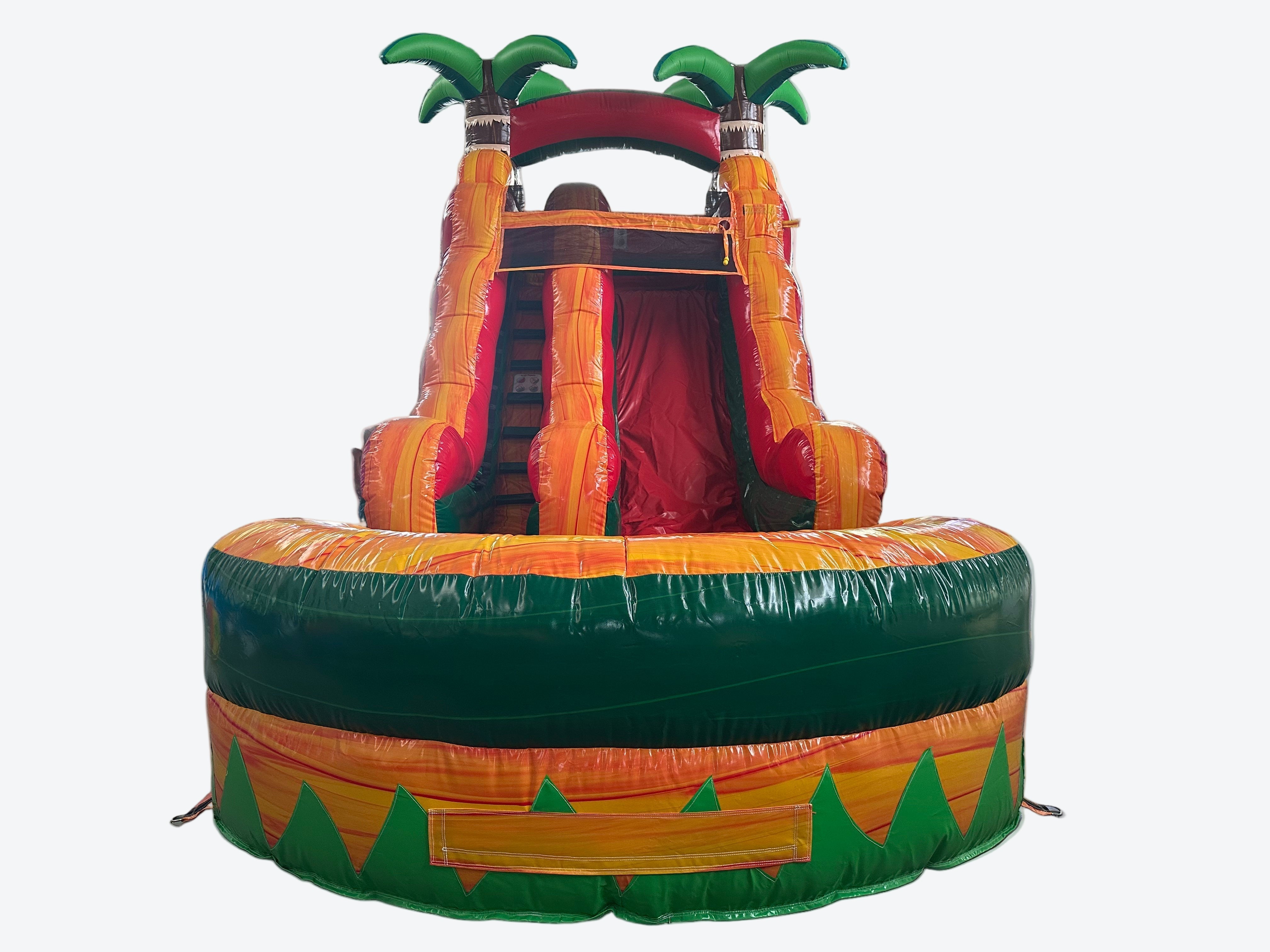 Inflatable slide with palm tree design