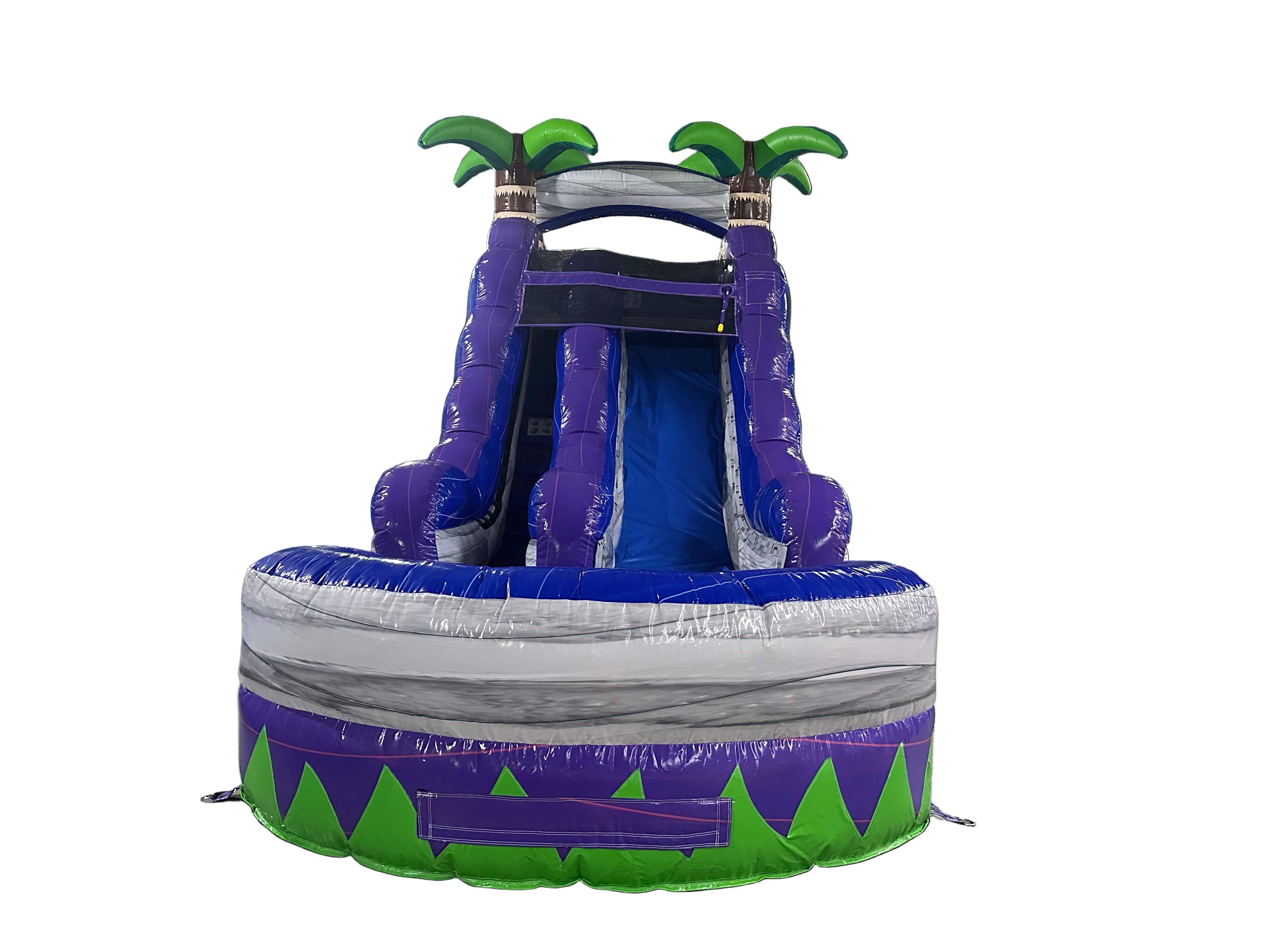 Purple, blue and grey with green accent Inflatable water slide with palm trees