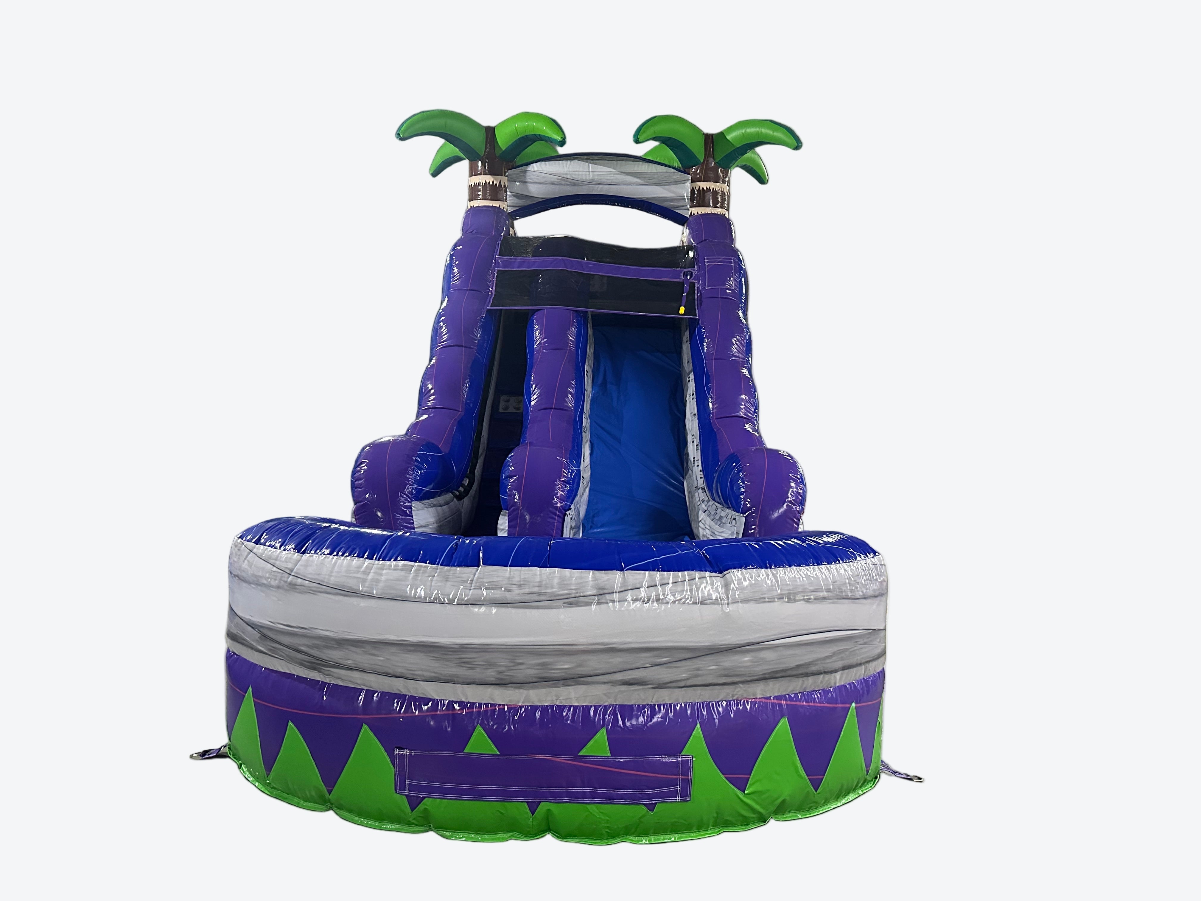 Purple, blue and grey with green accent Inflatable water slide with palm trees