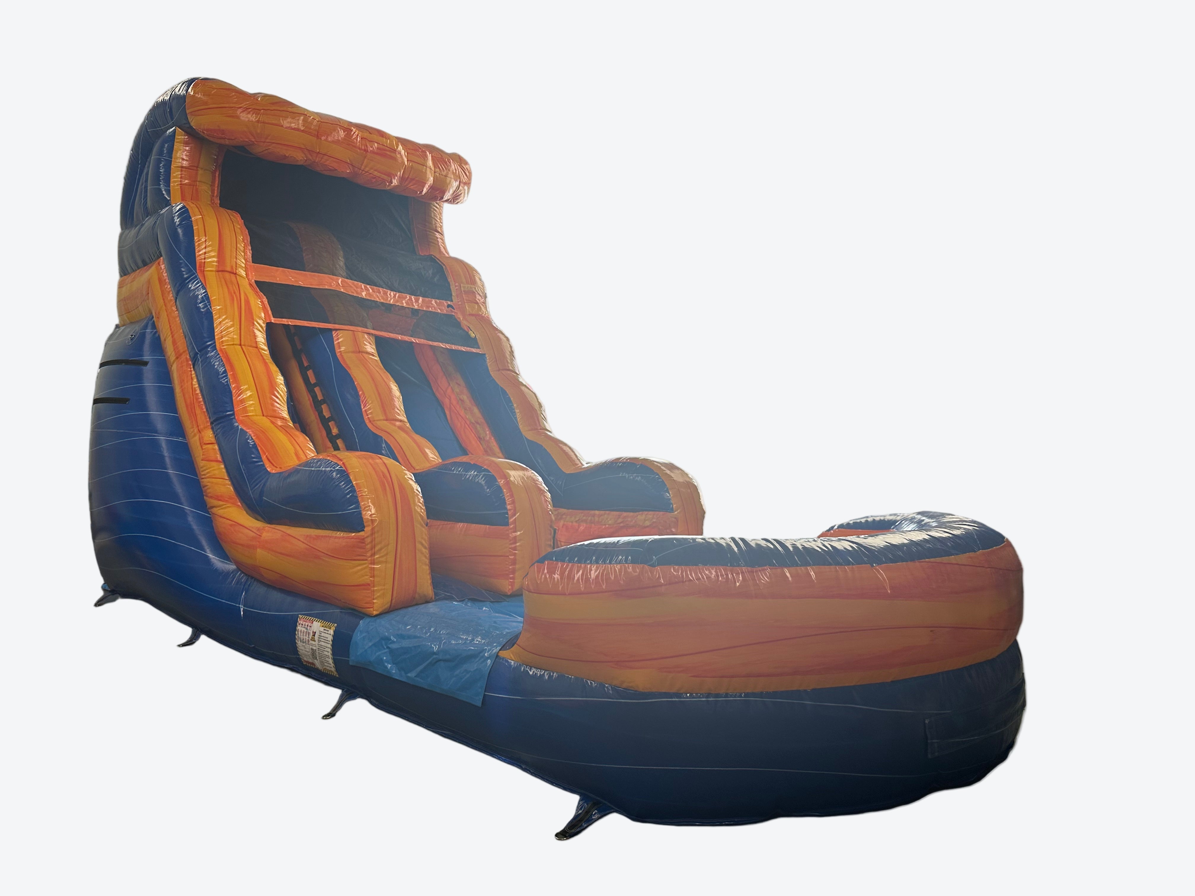 Large inflatable water slide with orange and blue colors