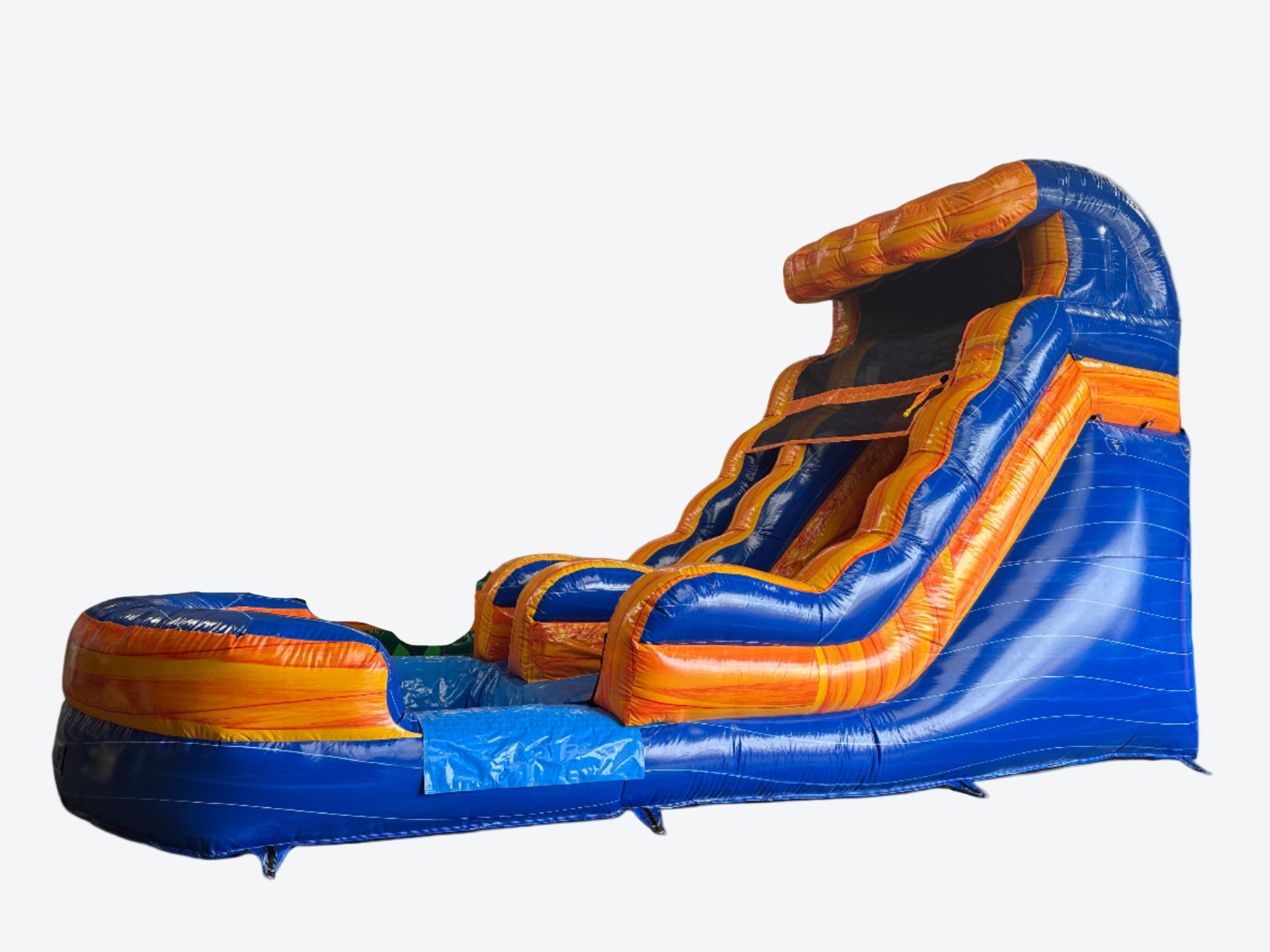Large inflatable water slide with blue and orange colors