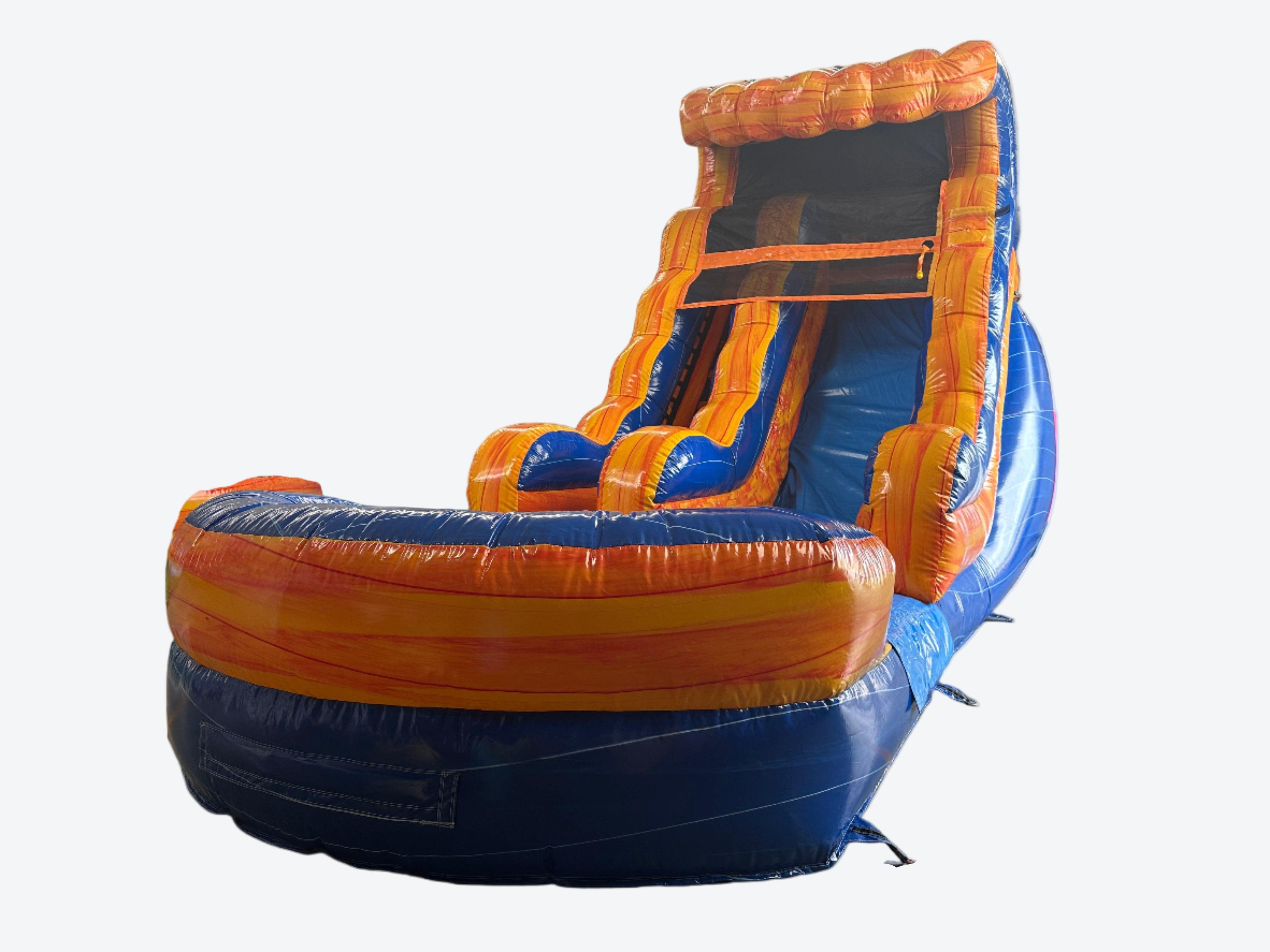 Large inflatable slide with orange and blue colors