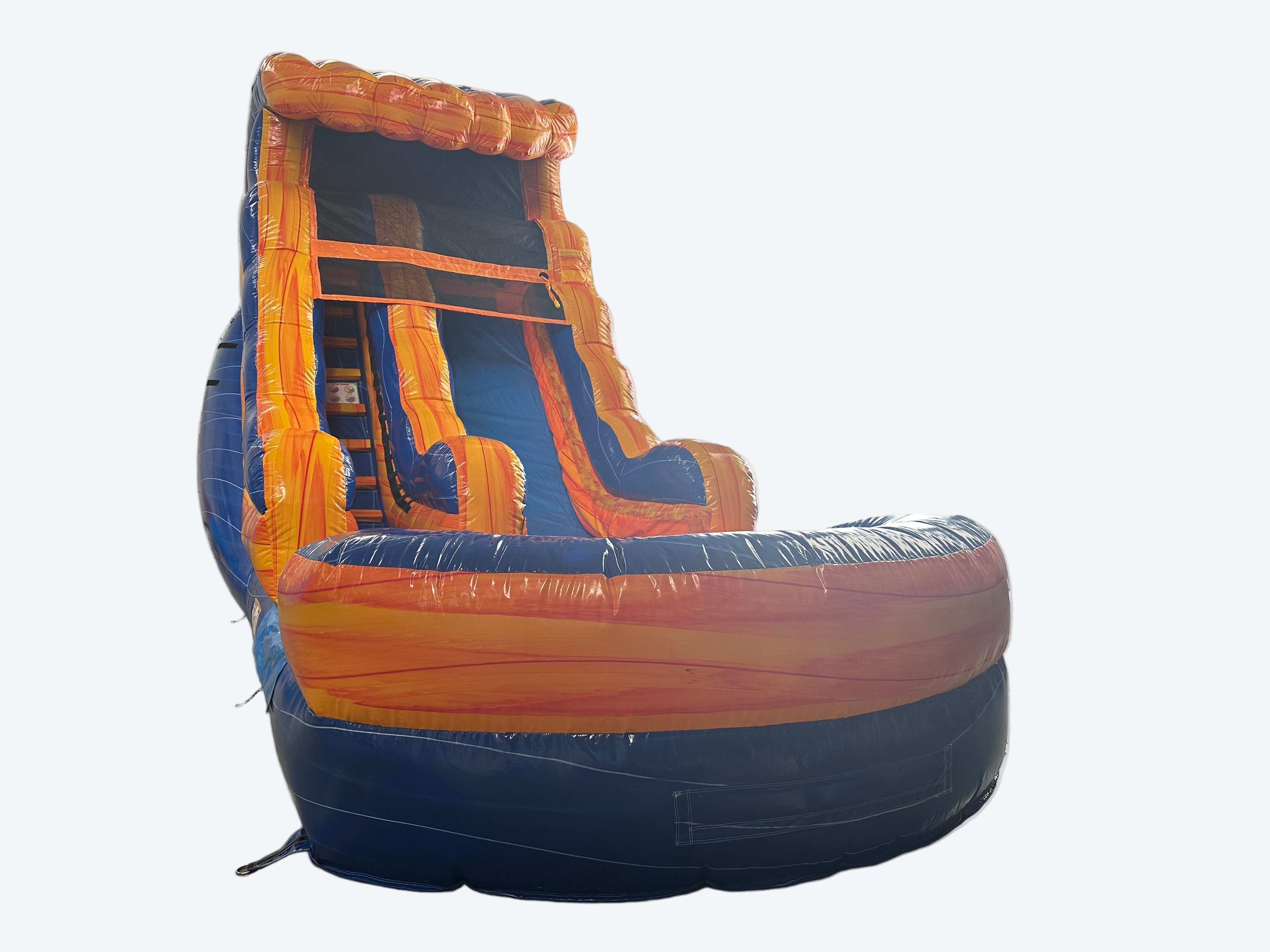 Large inflatable slide with orange and blue colors