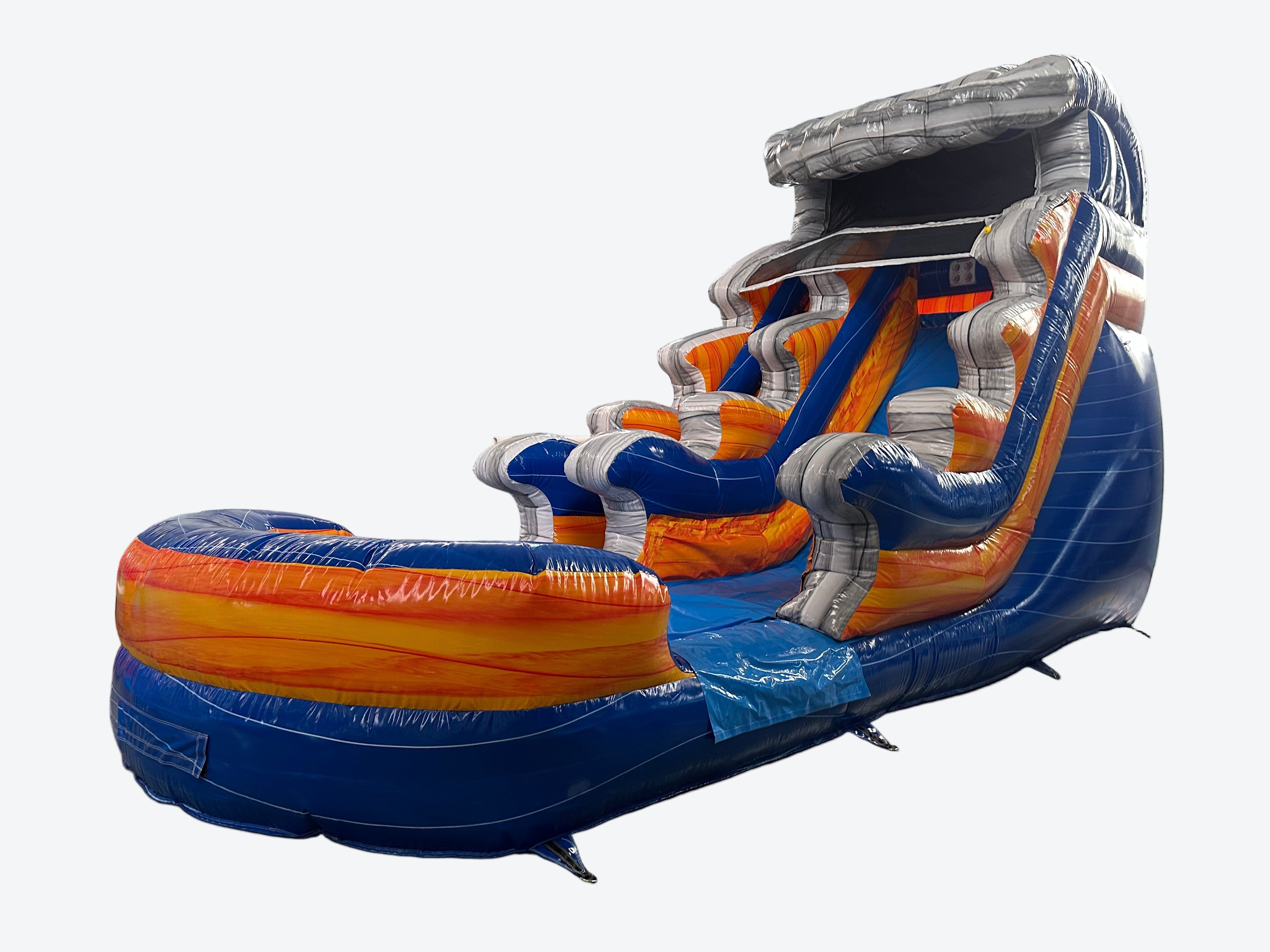 Large inflatable slide with blue, orange, and gray colors