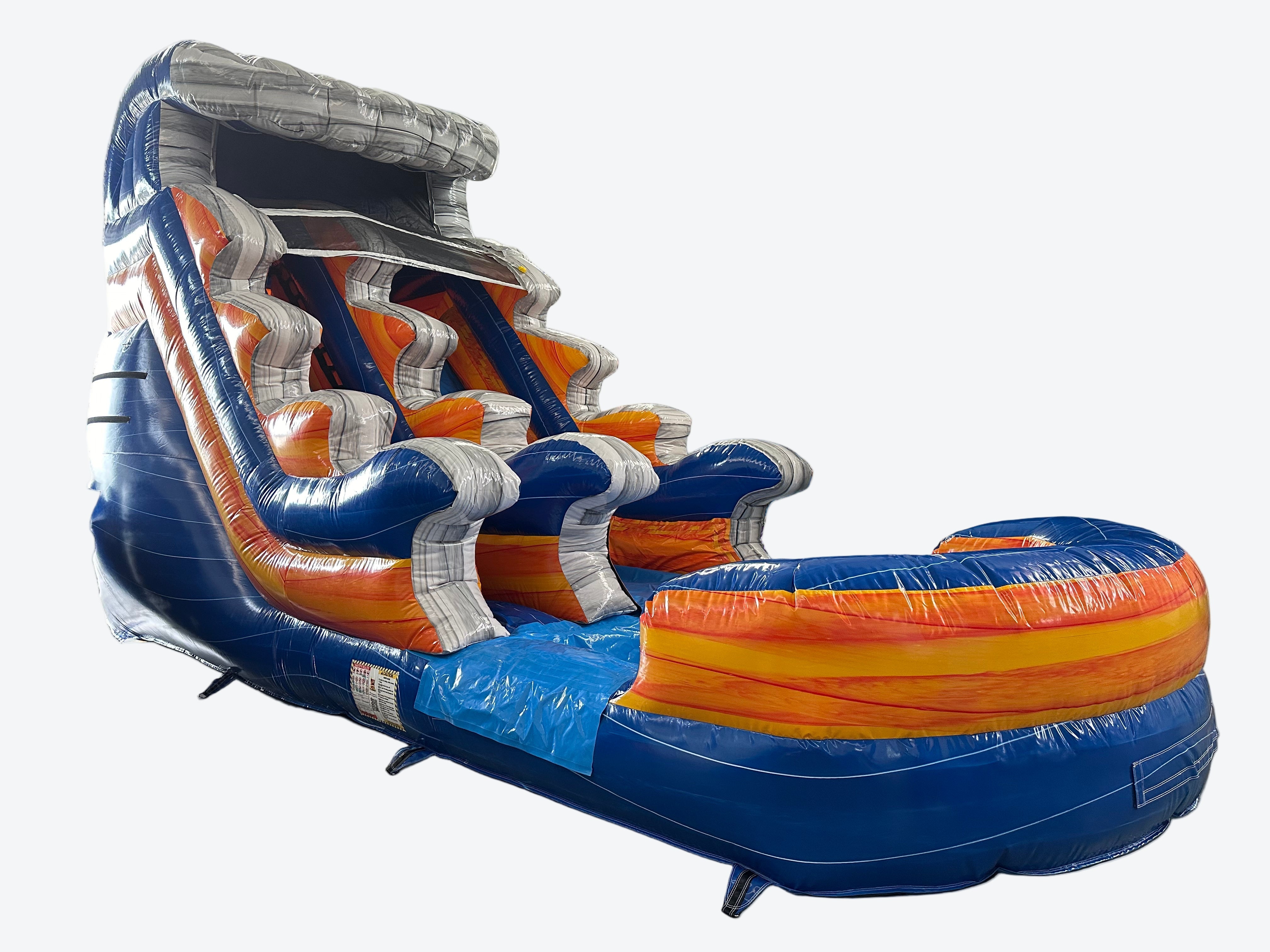 Large inflatable water slide with blue, orange, and gray colors