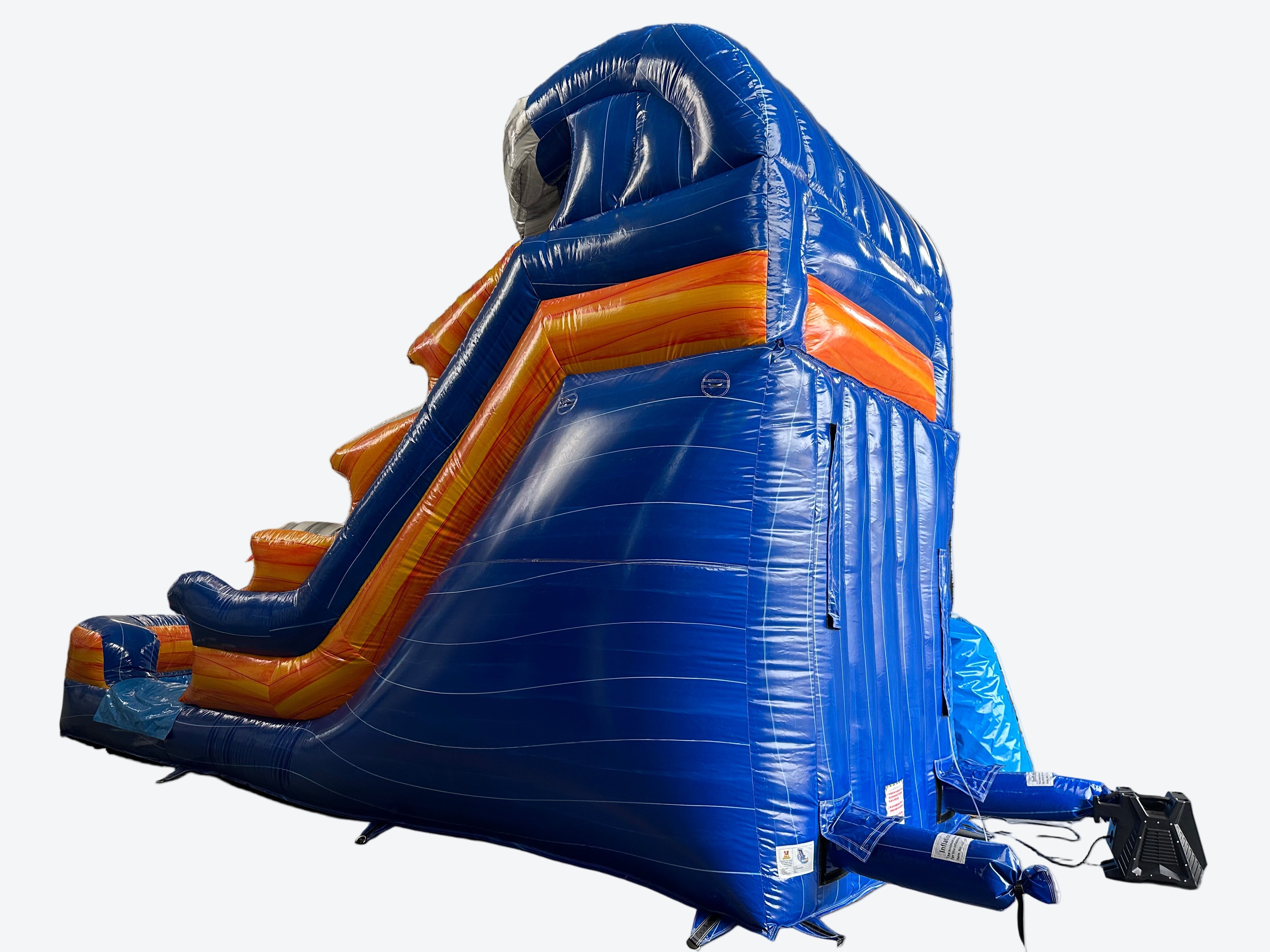 Large inflatable slide with blue and orange colors