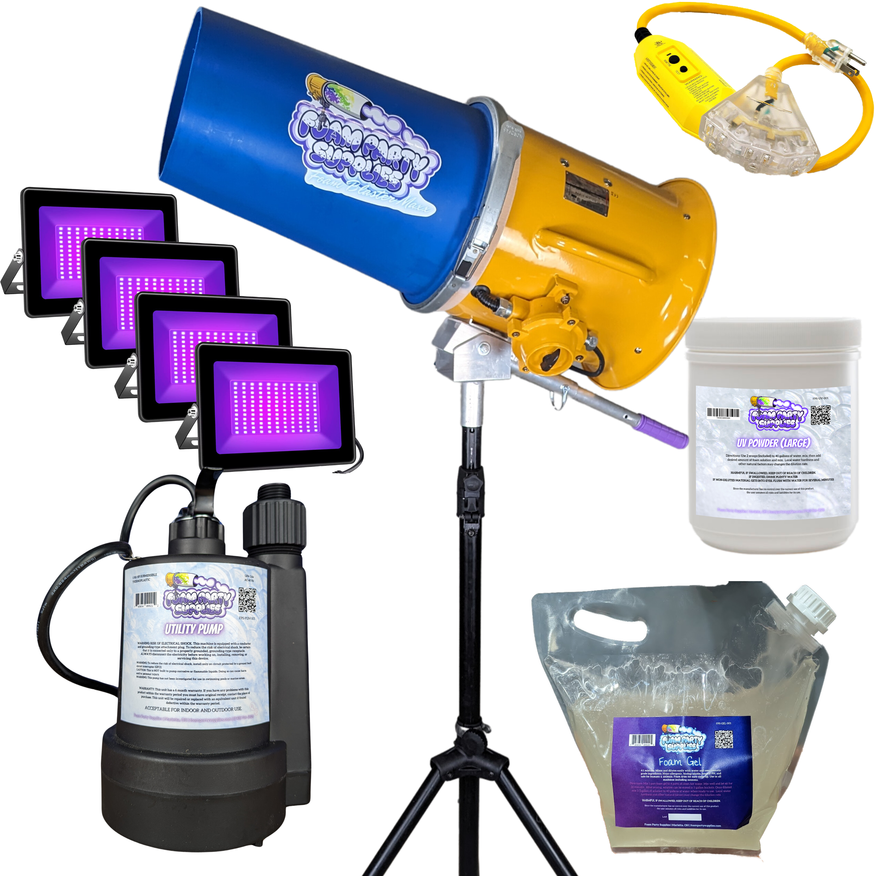 Foam Blaster Maxx Foam Cannon surrounded by other components of the Foam Cannon UV Bundle