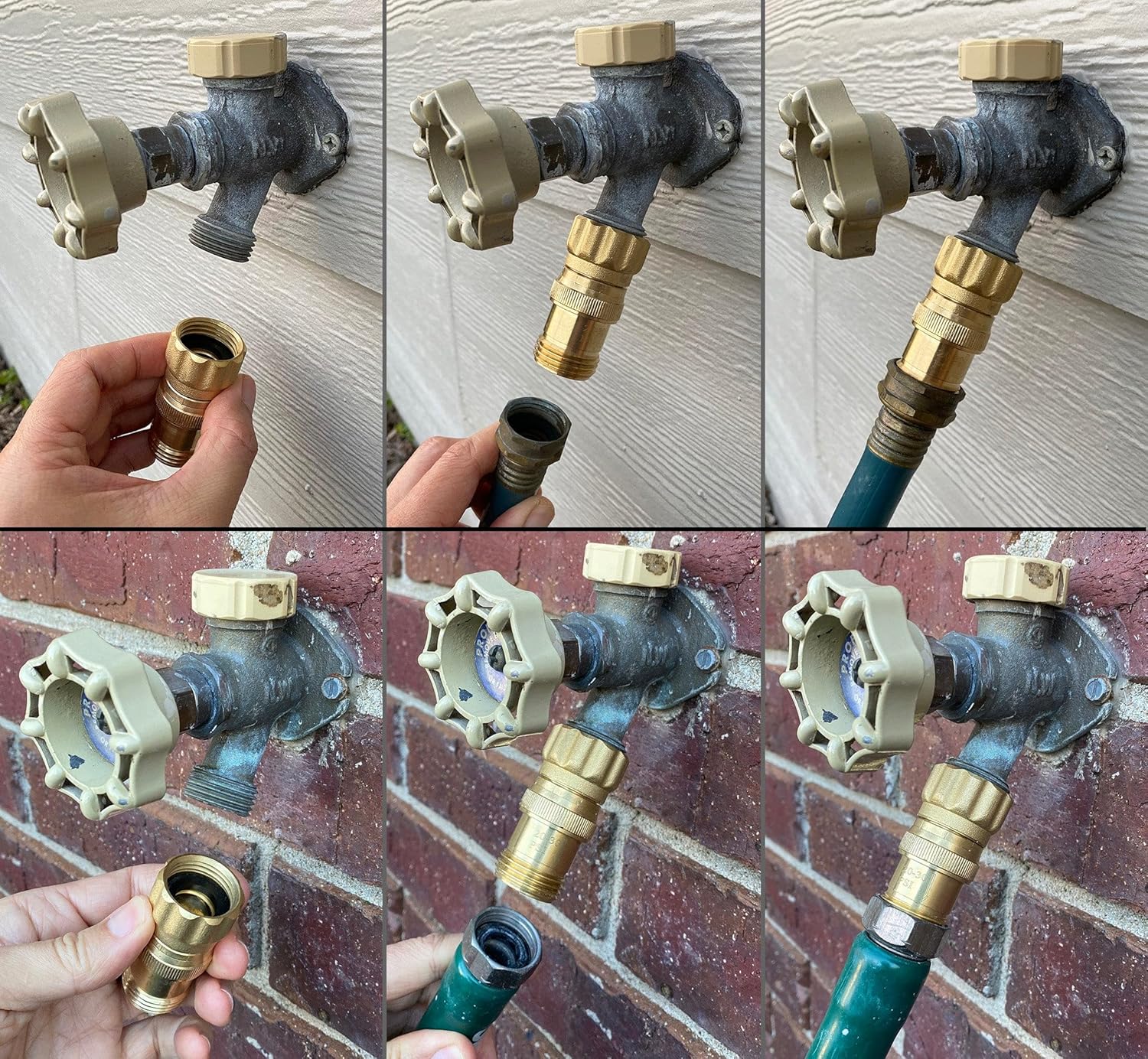 Step-by-step installation guide showing how to attach the lead-free brass 25 PSI pressure regulator to an outdoor garden hose spigot