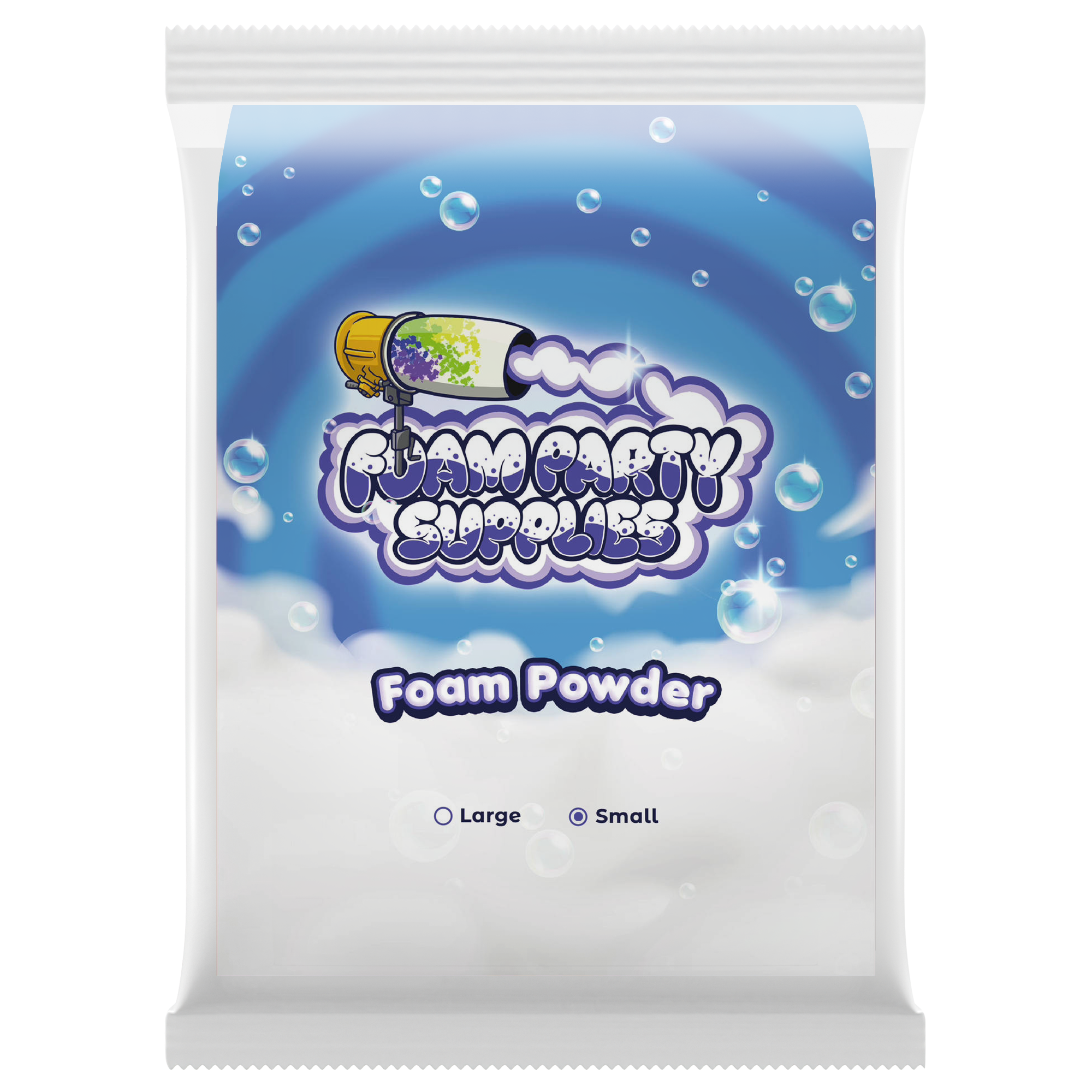 A "small" size bag of Foam Party Supplies Foam Powder for foam party machines.