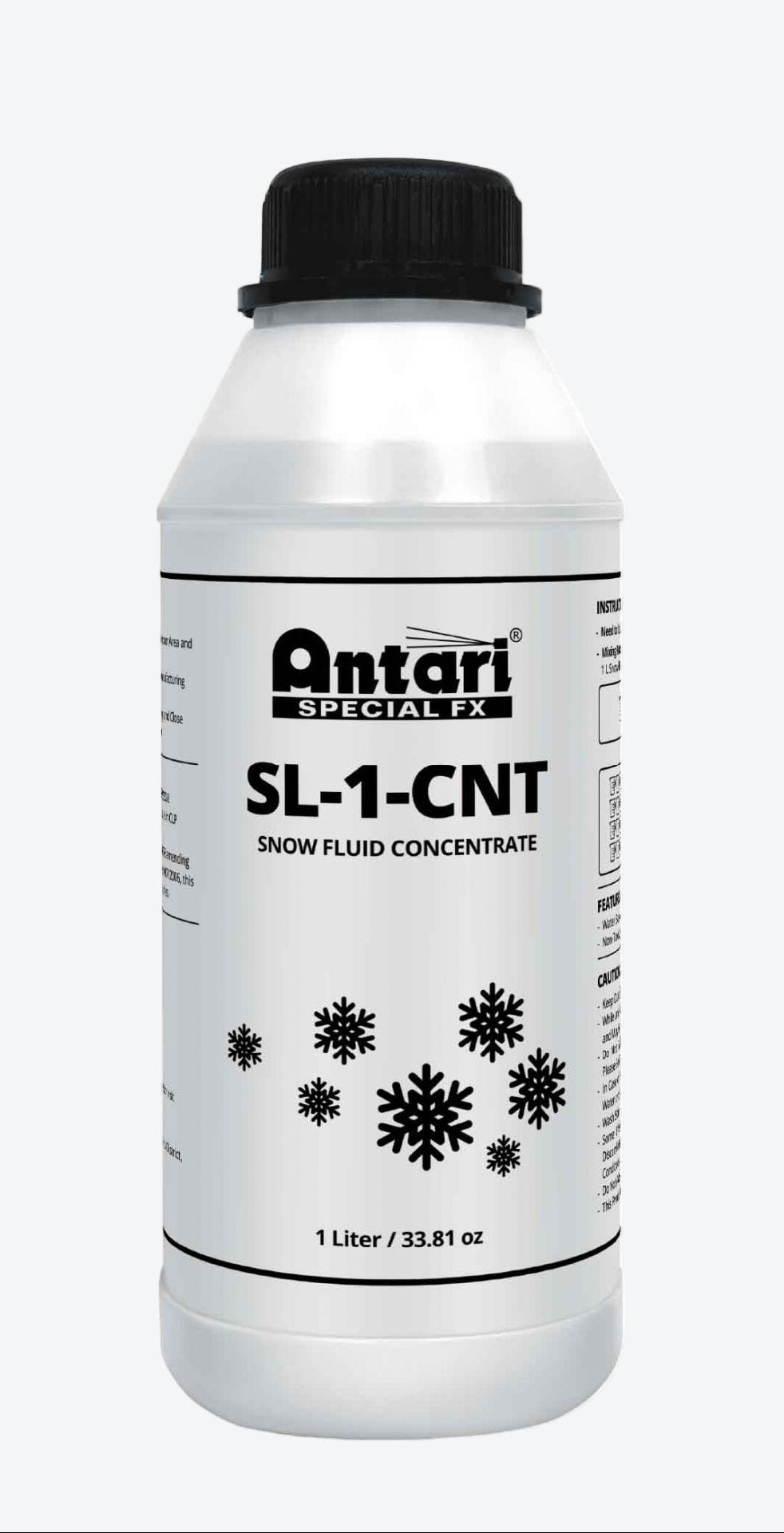 Antari snow fluid concentrate bottle for snow machines. 1-Liter bottle.