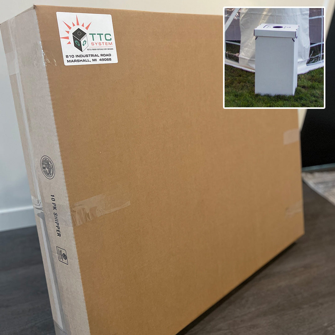 White event waste boxes with lids and liners