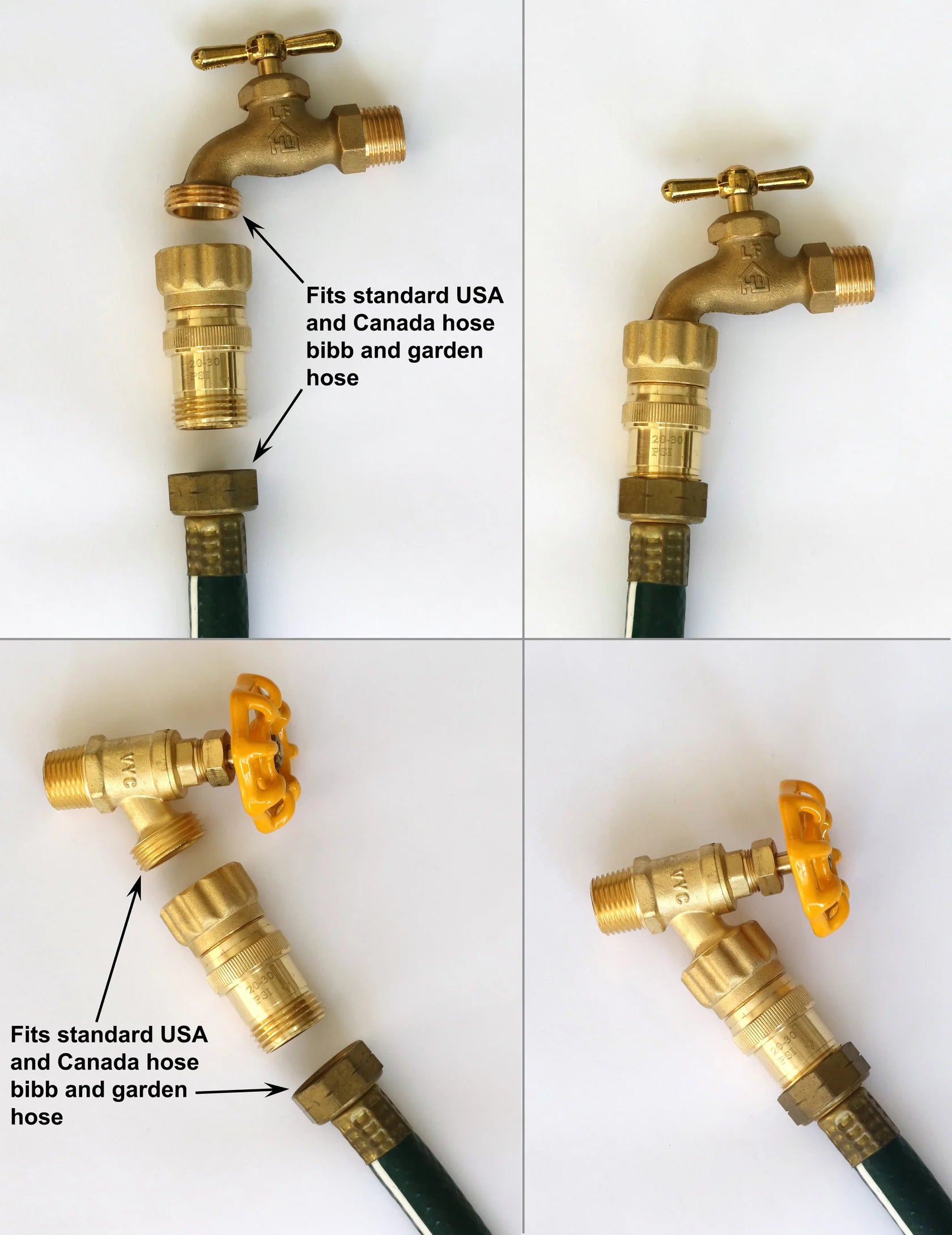 Multi-angle compatibility guide showing the lead-free brass 25 PSI pressure regulator fitting standard USA and Canada hose bibbs and garden hoses