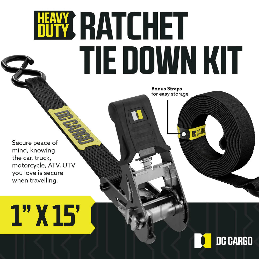 Ratchet Tie-Down Kit 1 inch x 15 ft strap and soft loops