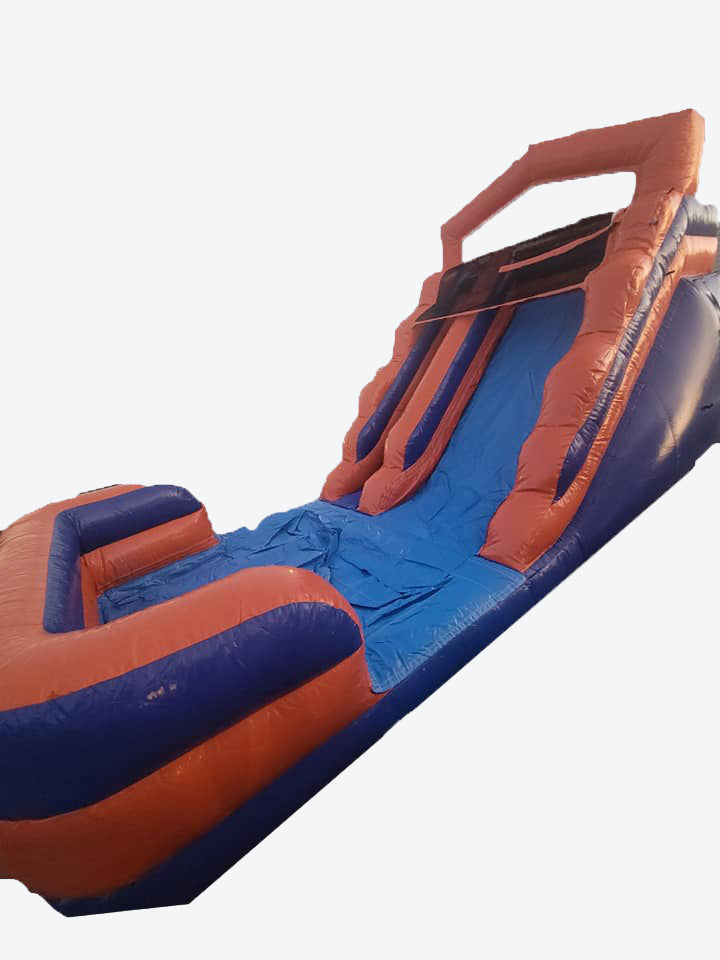 Inflatable waterslide with orange and blue colors that is 14FT tall. 