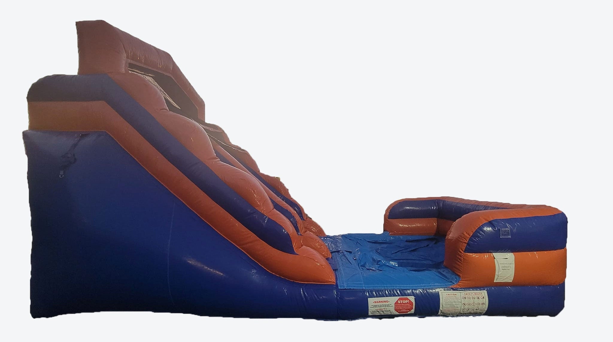 Inflatable water slide with blue and orange colors.