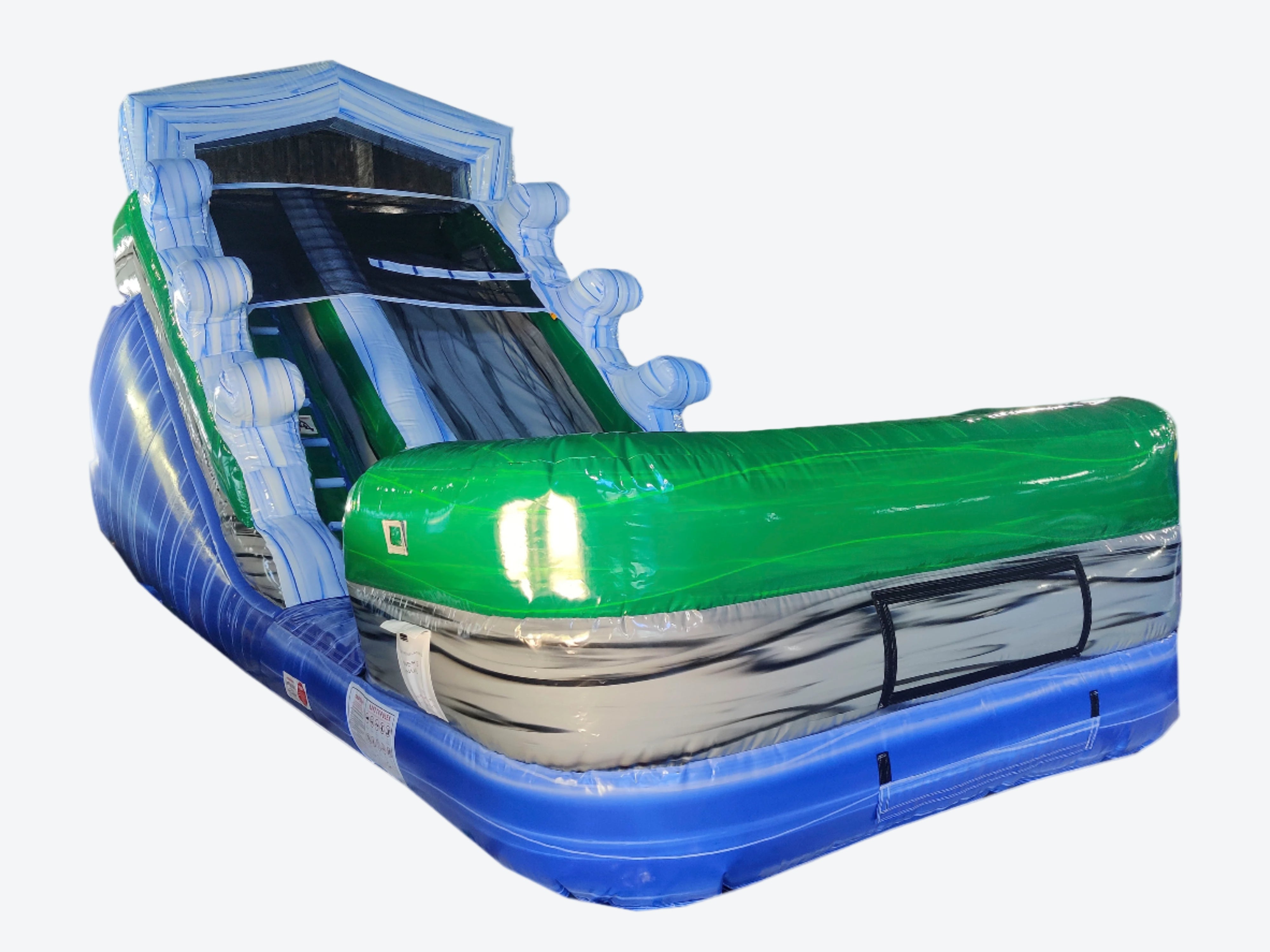 Inflatable water slide with blue and green colors.