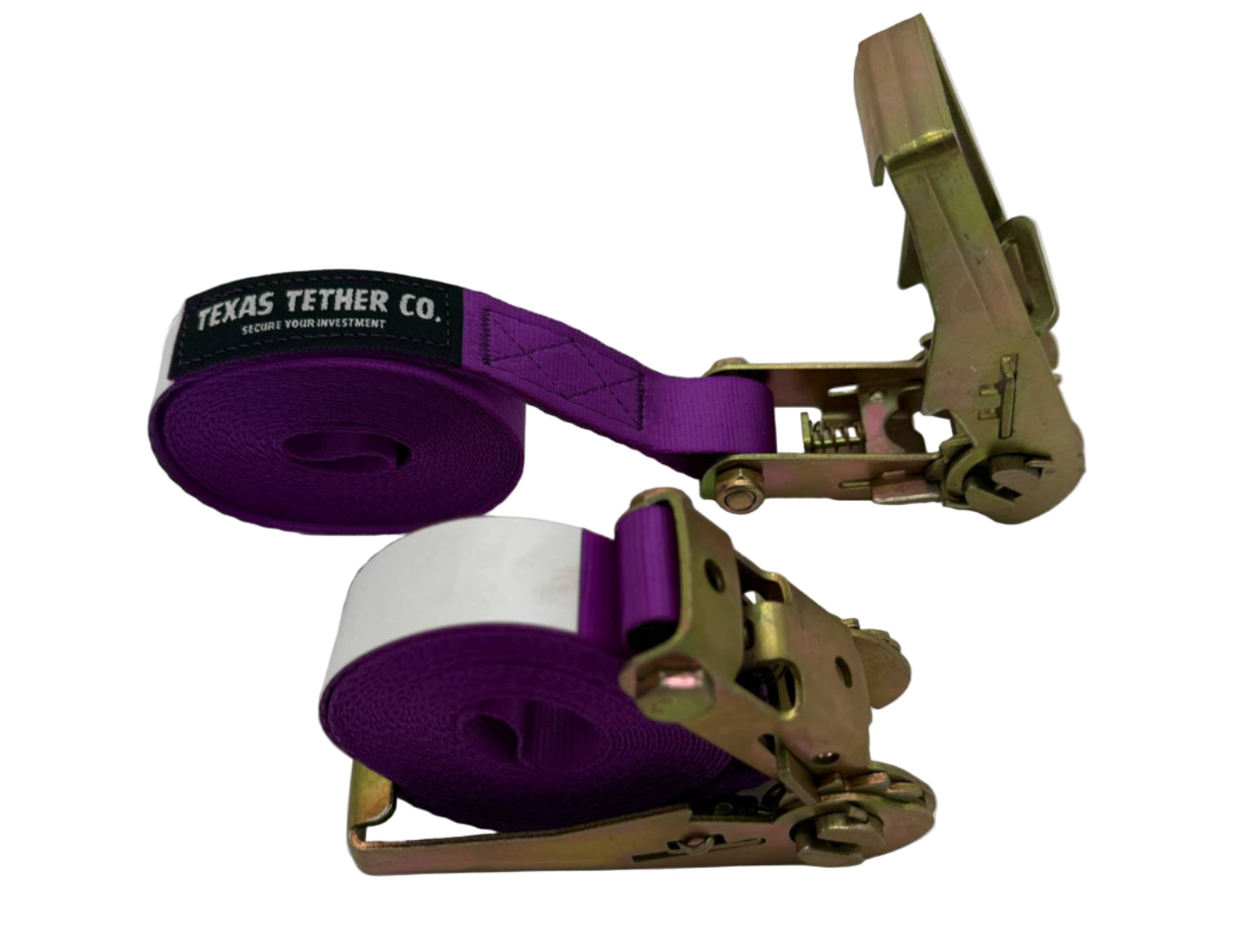 Two ratchet straps with purple webbing and gold metal hardware on a white background.