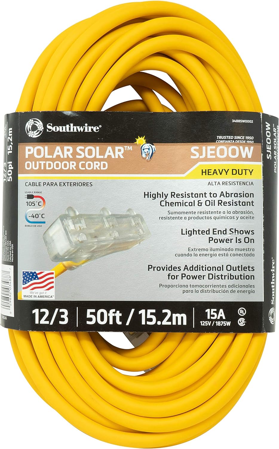 Southwire 34880002 3488SW0002 
Extension Cord, 50 ft, Yellow 3-Outlet (Used)