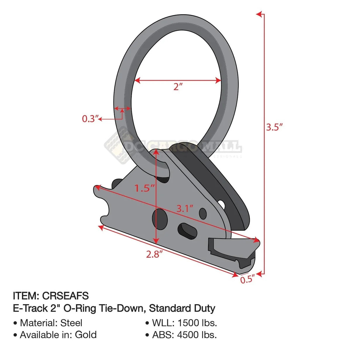 2" E track O-Ring Tie-down, Standard Duty - 1,500 lbs.