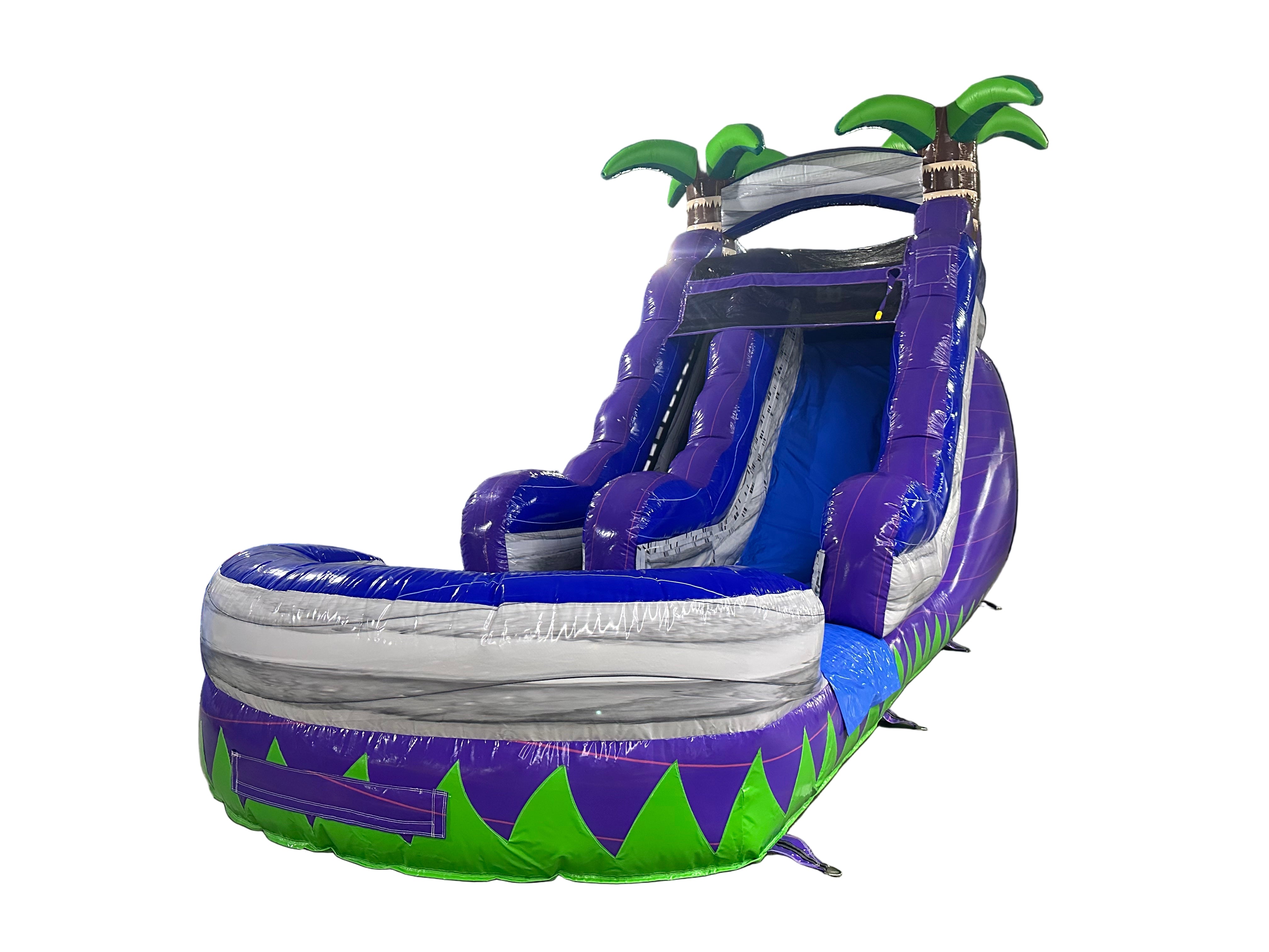 Inflatable water slide with purple and green palm tree design 