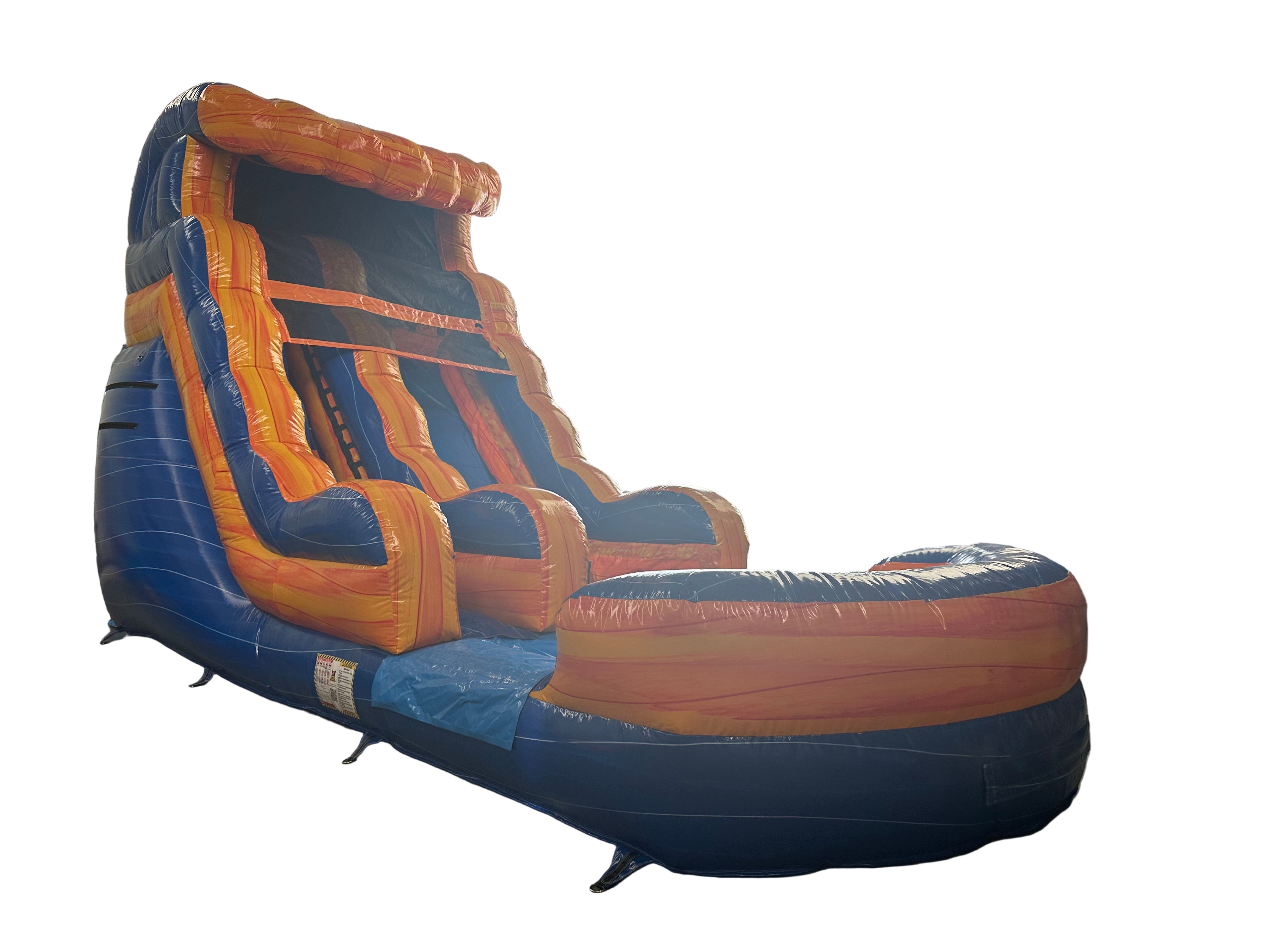 Large inflatable water slide with orange and blue colors 