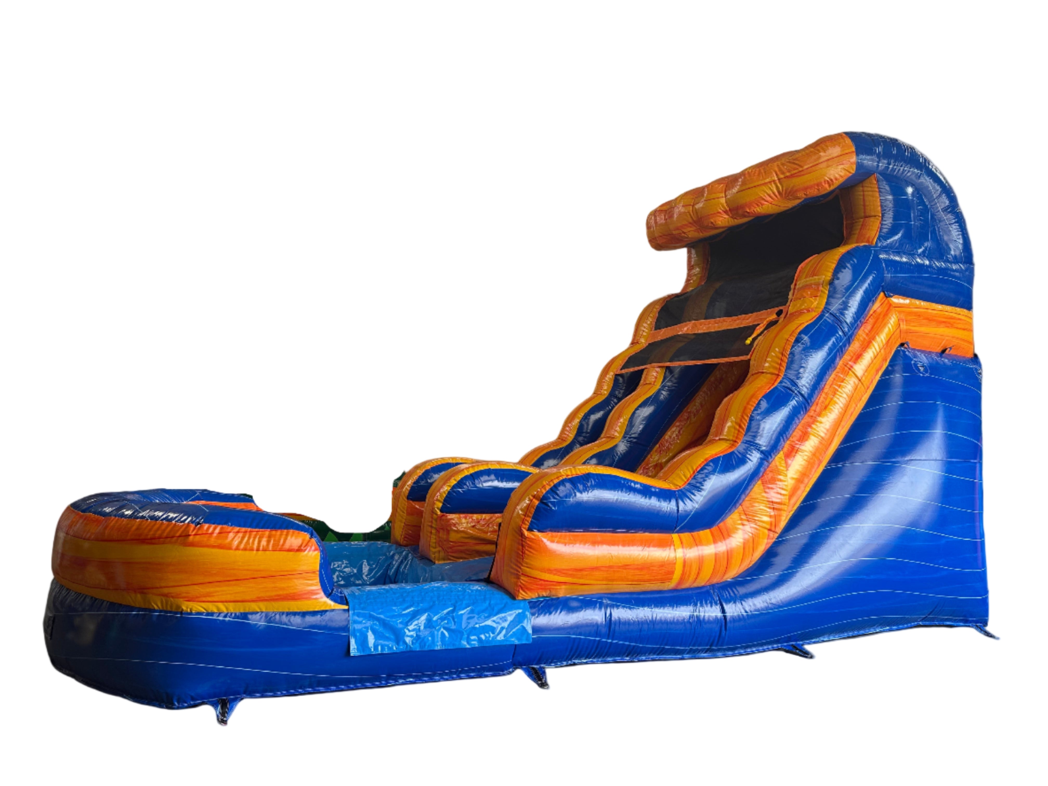 Large inflatable water slide with blue and orange colors 