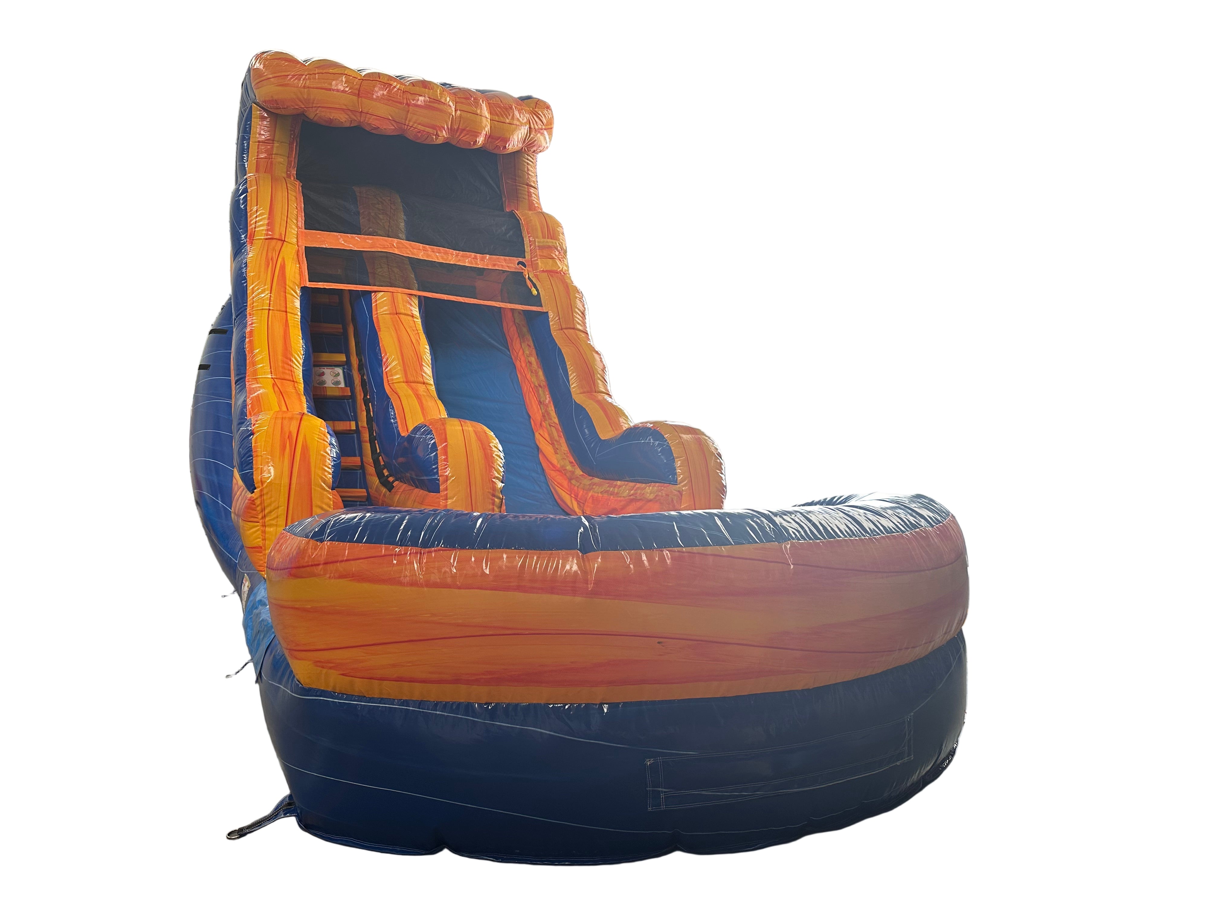 Large inflatable slide with orange and blue colors