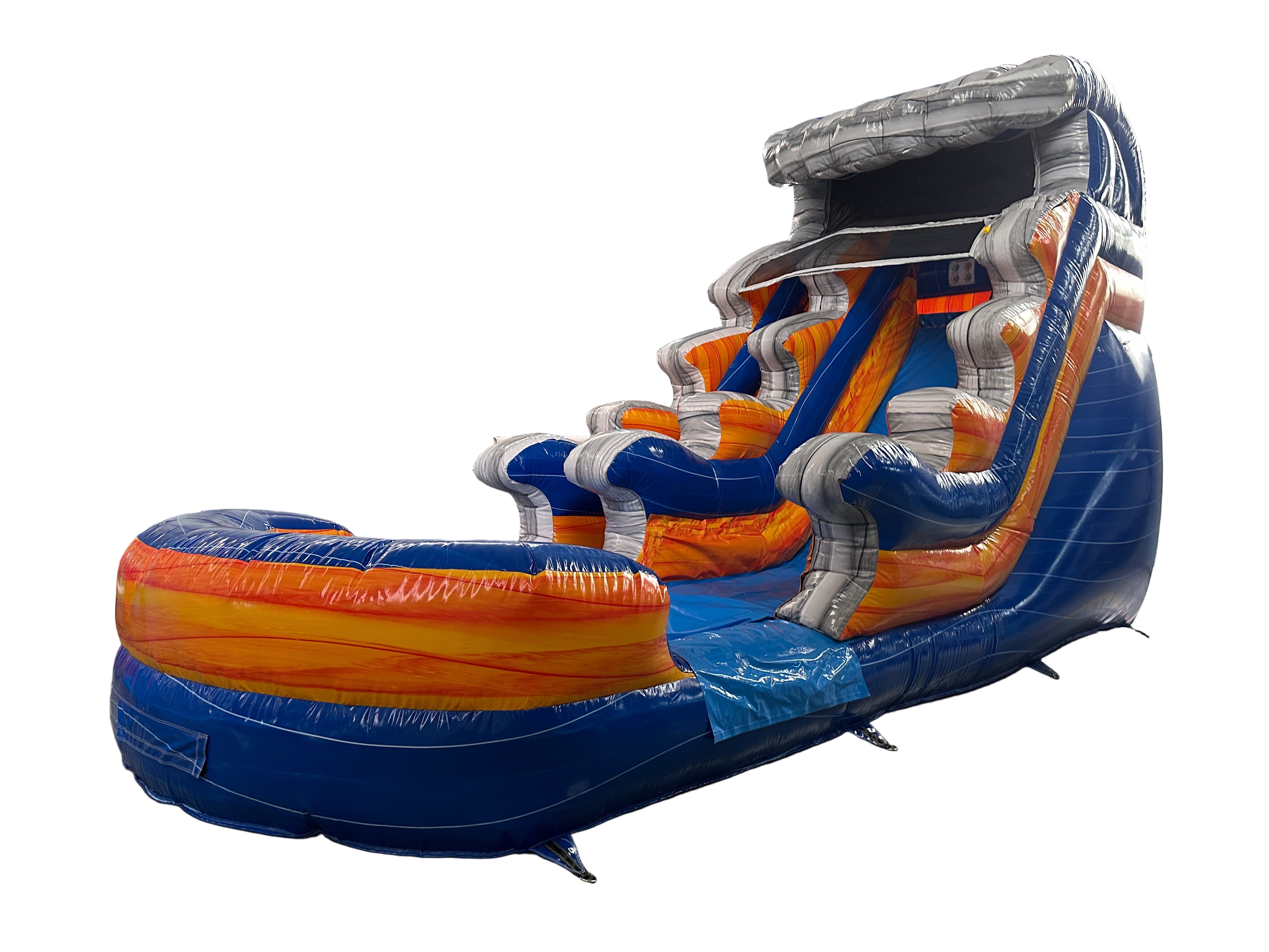 Large inflatable slide with blue, orange, and gray colors 