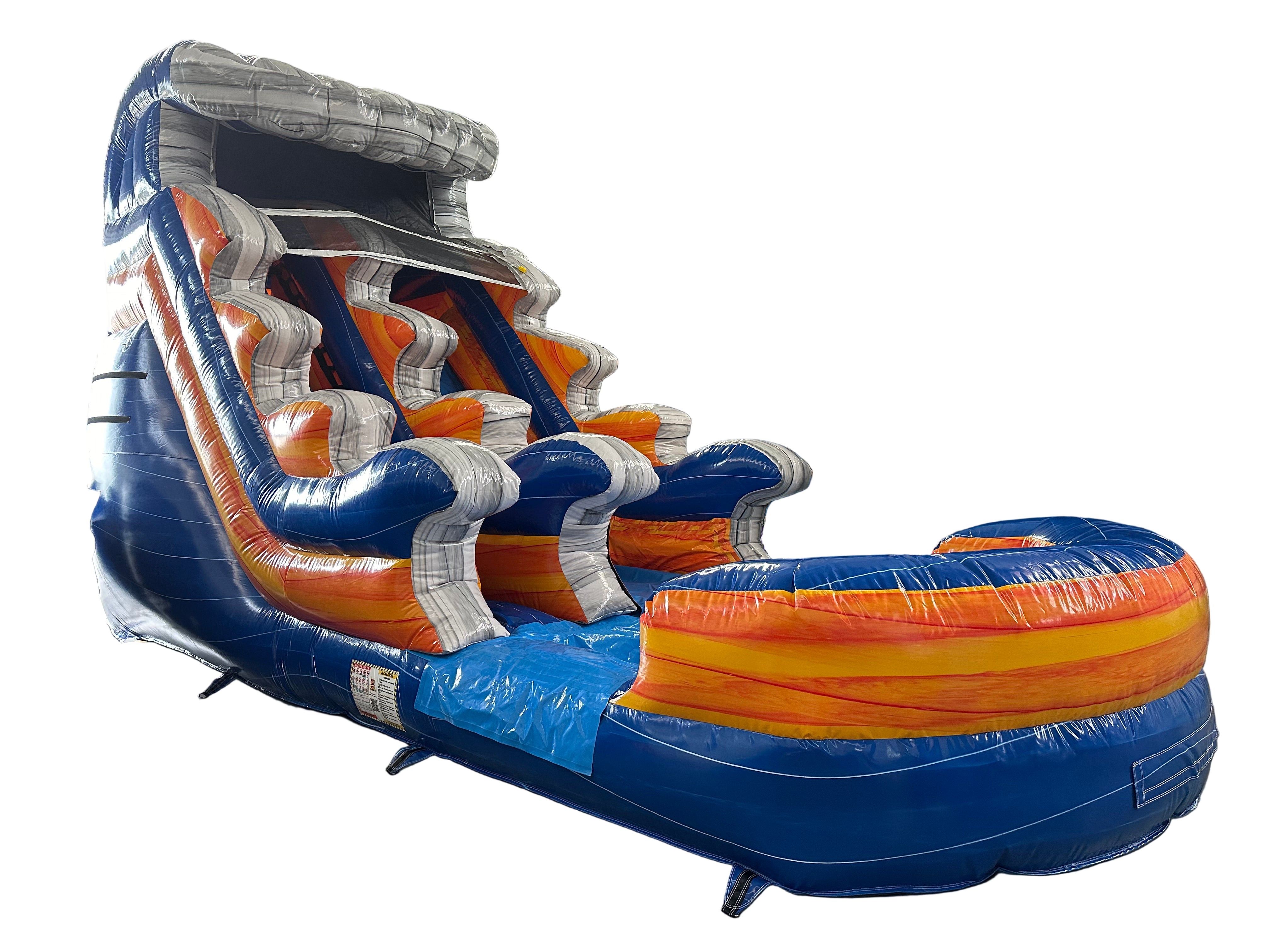 Large inflatable water slide with blue, orange, and gray colors