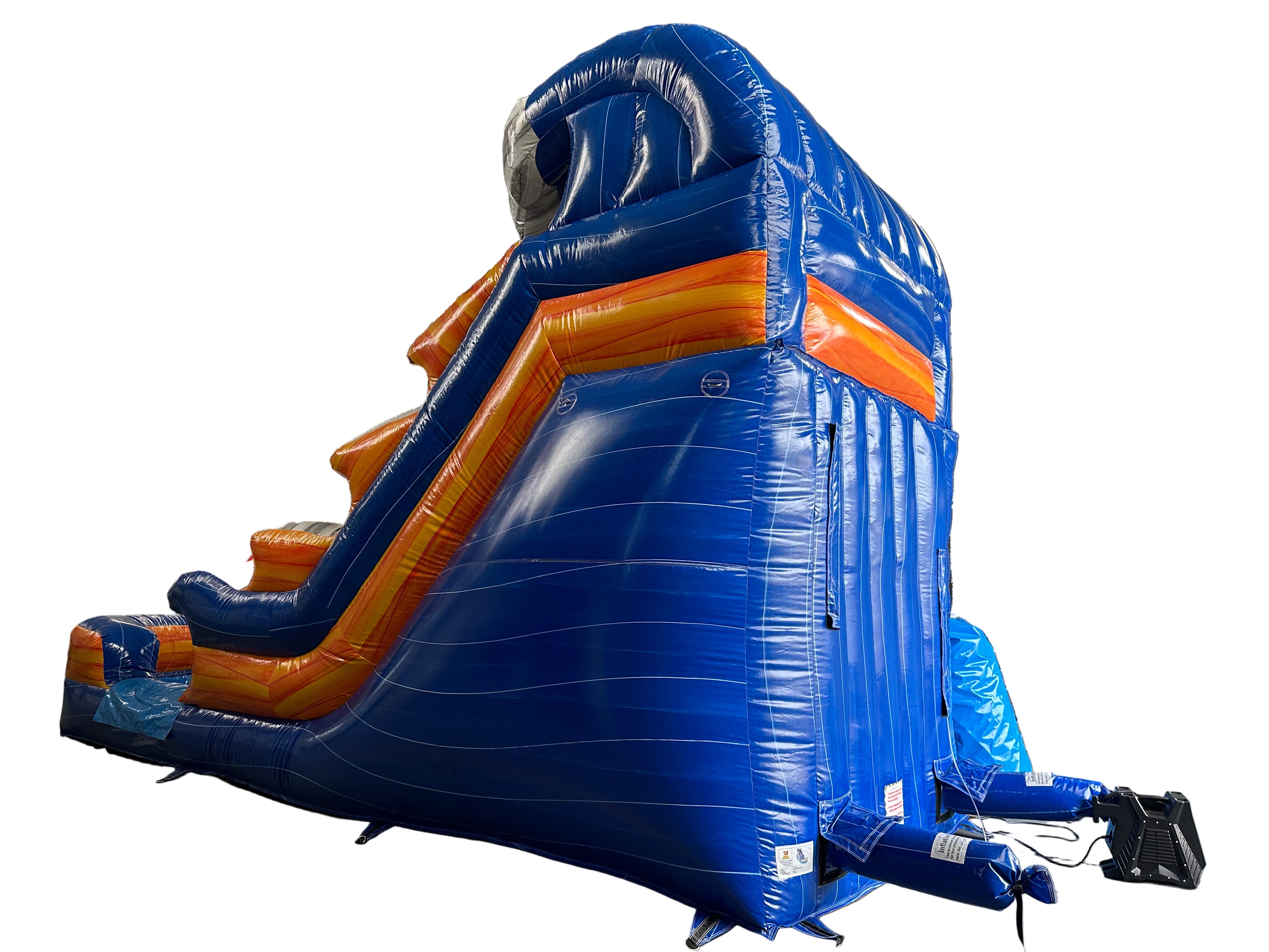 Large inflatable slide with blue and orange colors