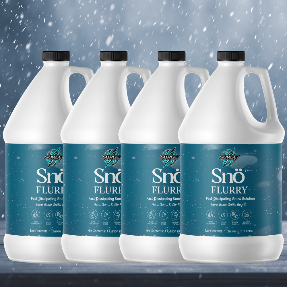 Quick-dissipating snow solution for snow machines.
Commercial snow machine snow solution from SurgeFX.