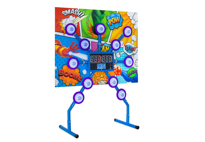 Colorful arcade-style game machine with cartoon graphics on a white background.