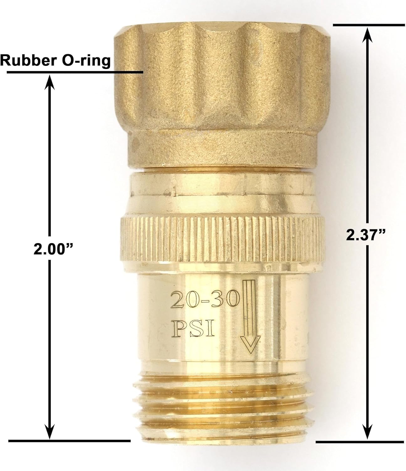 Dimensional diagram of lead-free brass 25 PSI pressure regulator showing length and rubber o-ring details