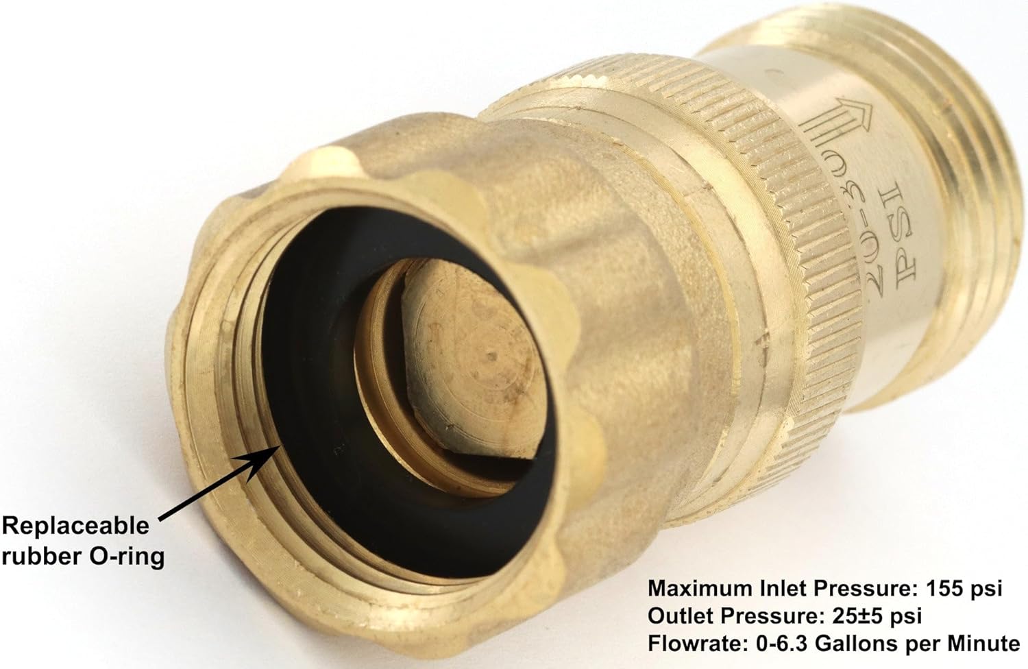 Close-up of lead-free brass 25 PSI pressure regulator showing replaceable rubber o-ring, inlet pressure, and flowrate specs