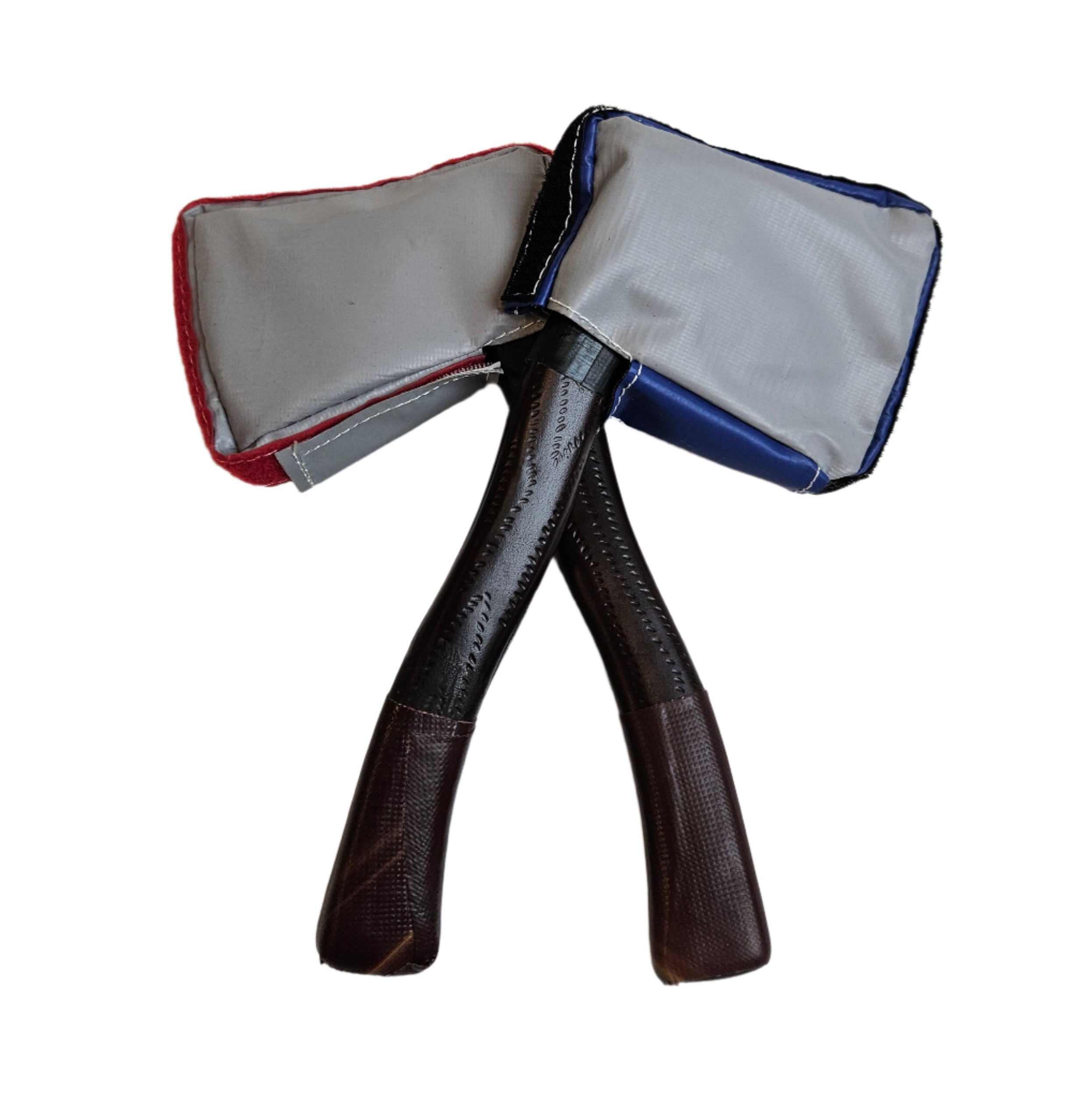 Two axe handles with Velcro attachments and fabric grips